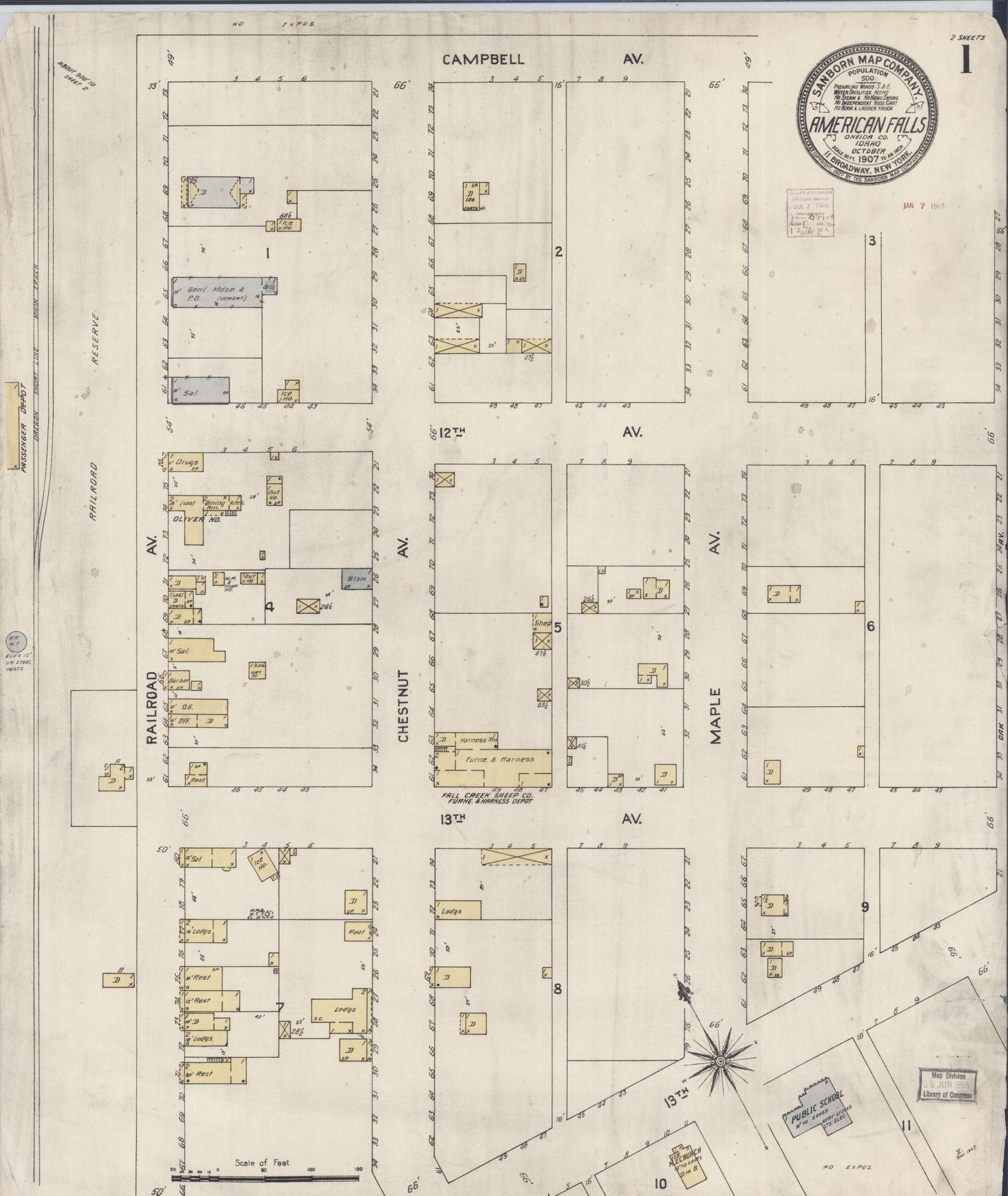 Sanborn Fire Insurance Map from American Falls, Power County, Idaho (1907), Sheet #0001 - Historic Sanborn Fire Insurance Map Print, vintage old map wall art, antique decor, genealogy gift, Idaho Idaho map