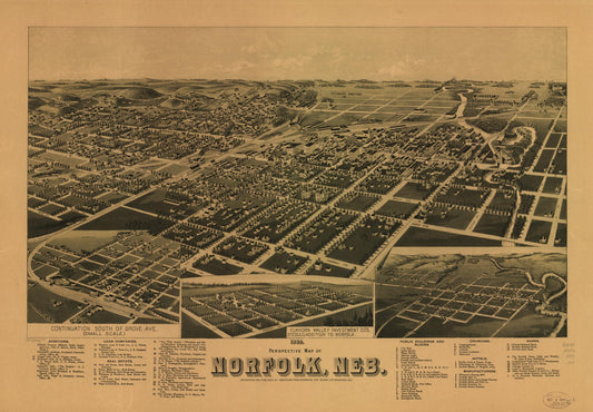 1889 perspective map of Norfolk, Neb. (1889) – Historic Bird’s-Eye View Panorama Print