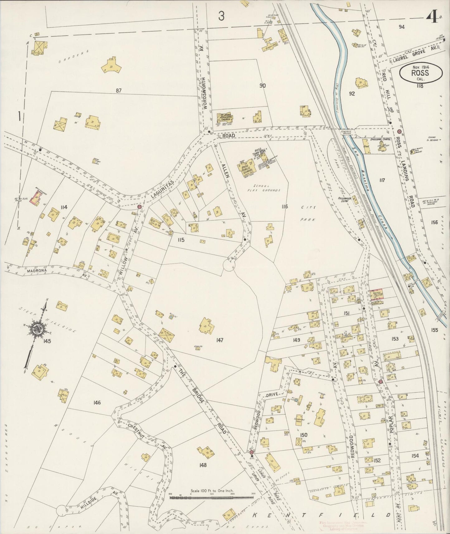 Sanborn Fire Insurance Map from Ross, Marin County, California (1914), Sheet #0004 - Complete Map Set gallery image, historic Sanborn map, vintage wall art, California California