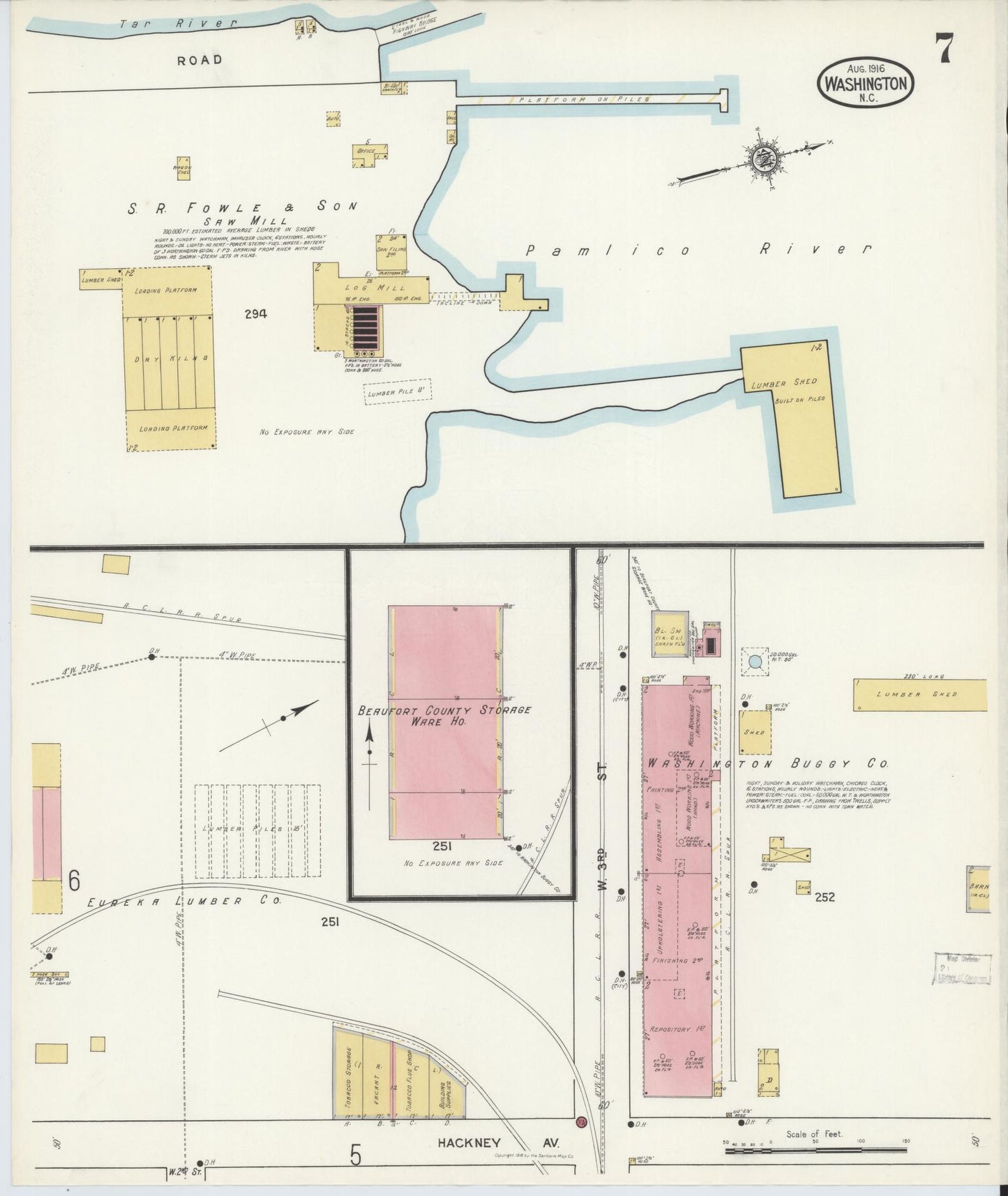 Sanborn Fire Insurance Map from Washington, Beaufort County, North Carolina (1916), Sheet #0007 - Historic Sanborn Fire Insurance Map Print, vintage old map wall art, antique decor, genealogy gift, Washington Washington map