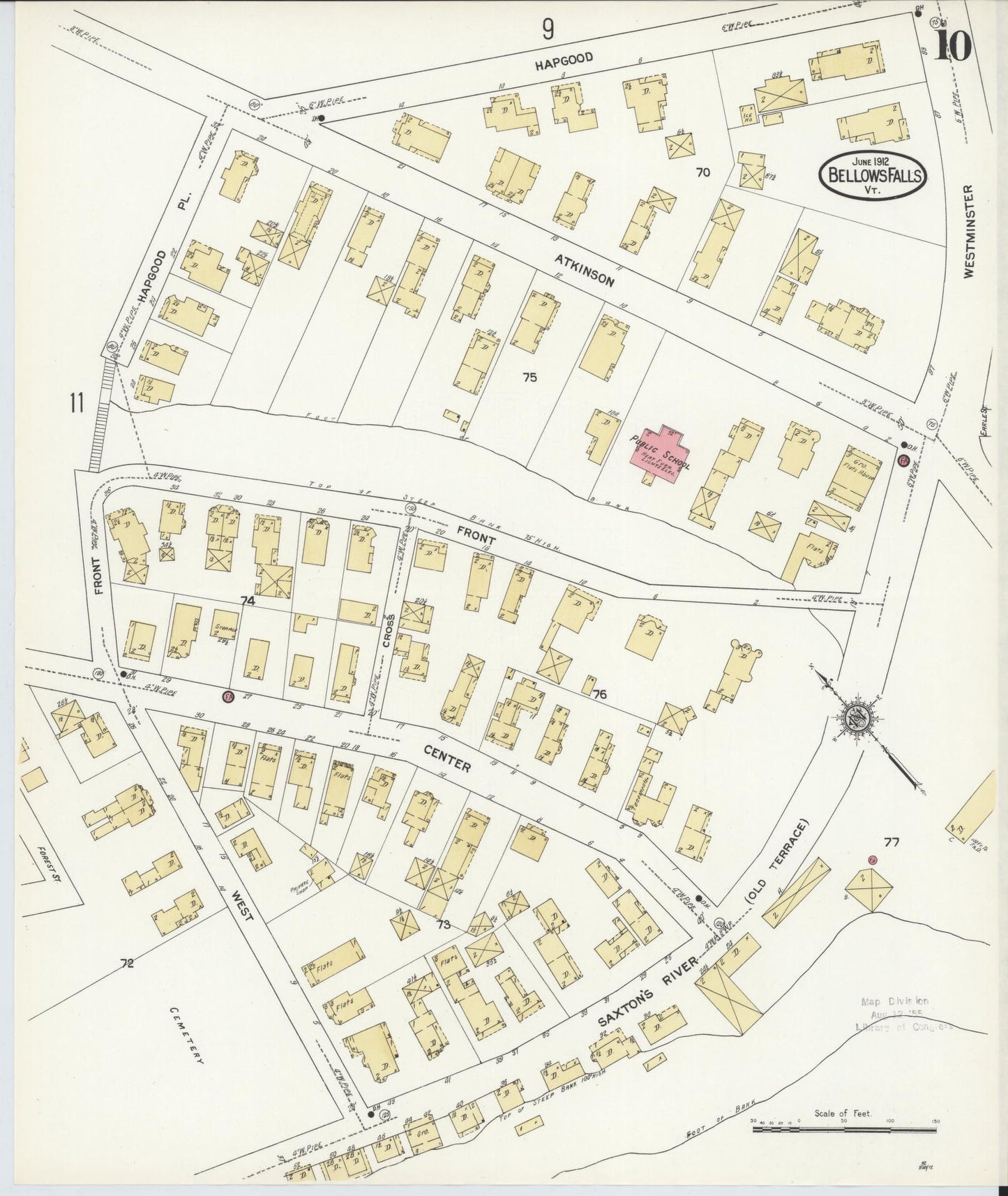 Sanborn Fire Insurance Map from Bellows Falls, Windham County, Vermont (1912), Sheet #0010 - Historic Sanborn Fire Insurance Map Print, vintage old map wall art, antique decor, genealogy gift, Vermont Vermont map