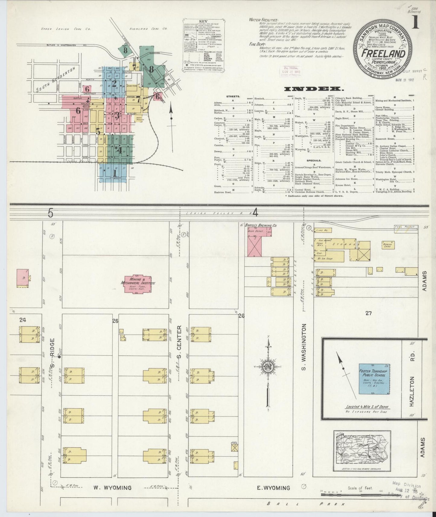 Sanborn Fire Insurance Map from Freeland, Luzerne County, Pennsylvania (1912), Sheet #0001 - Historic Sanborn Fire Insurance Map Print, vintage old map wall art, antique decor, genealogy gift, Pennsylvania Pennsylvania map