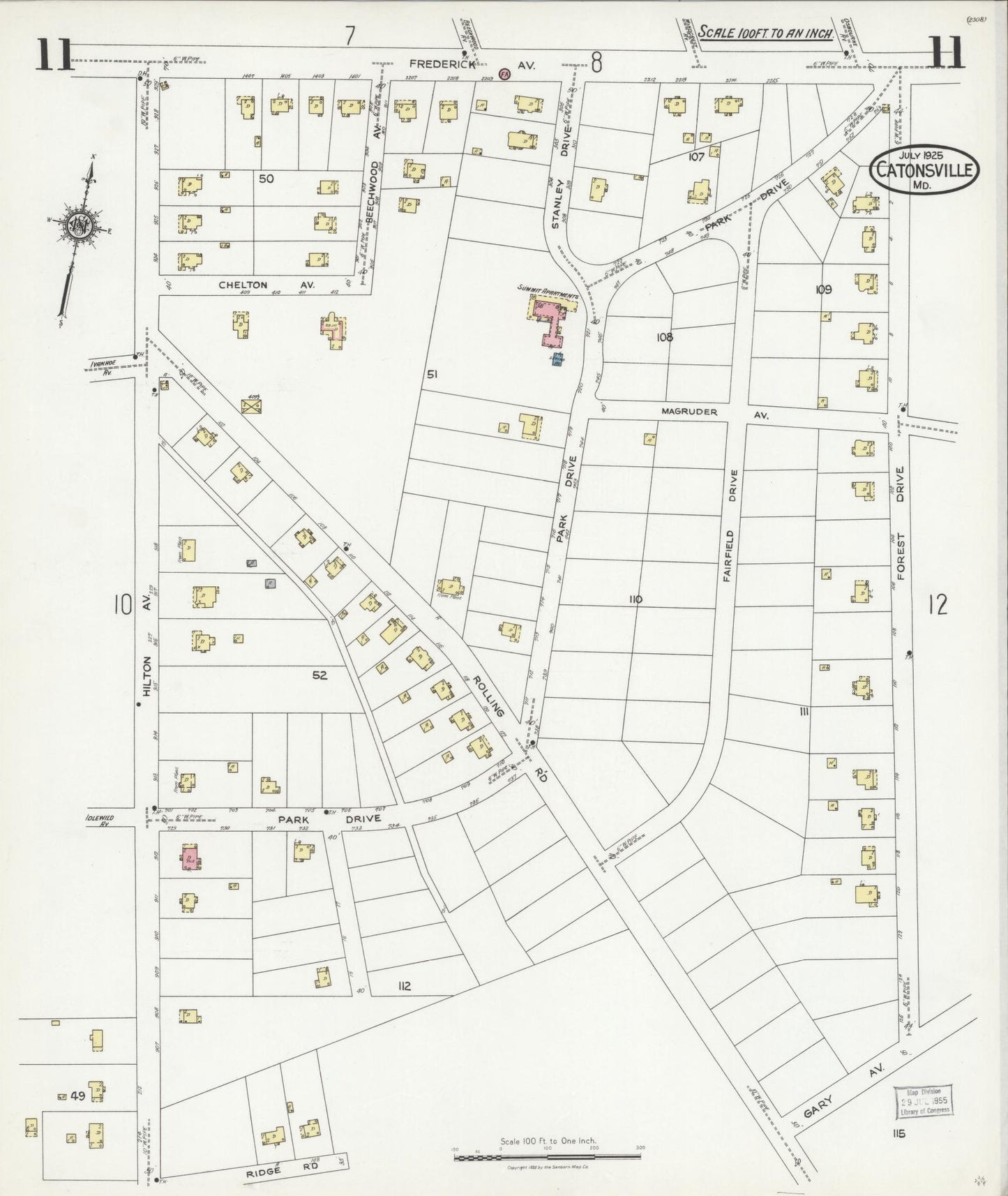 Sanborn Fire Insurance Map from Catonsville, Baltimore County, Maryland (1925), Sheet #0011 - Historic Sanborn Fire Insurance Map Print, vintage old map wall art, antique decor, genealogy gift, Maryland Maryland map