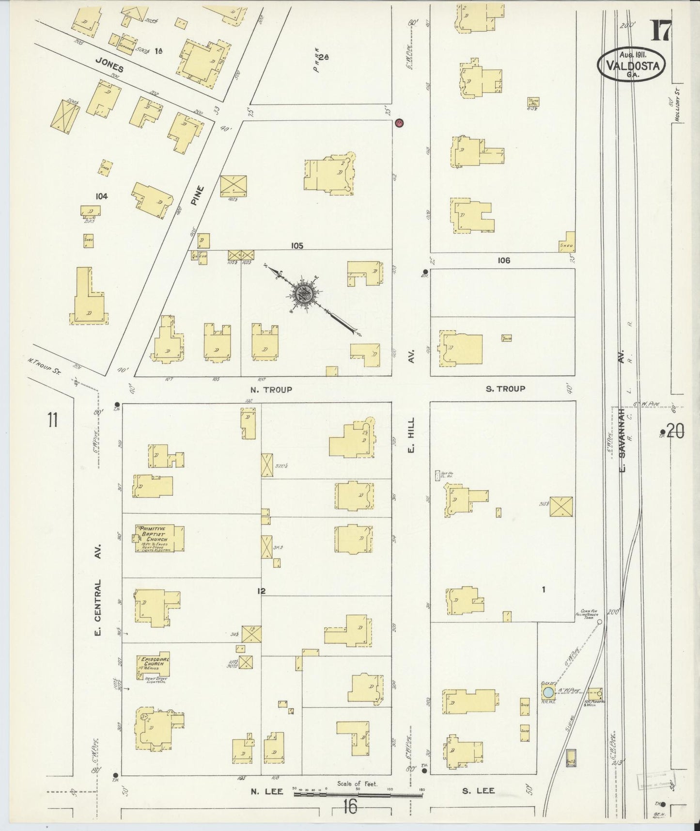 Sanborn Fire Insurance Map from Valdosta, Lowndes County, Georgia (1911), Sheet #0017 - Historic Sanborn Fire Insurance Map Print, vintage old map wall art, antique decor, genealogy gift, Georgia Georgia map