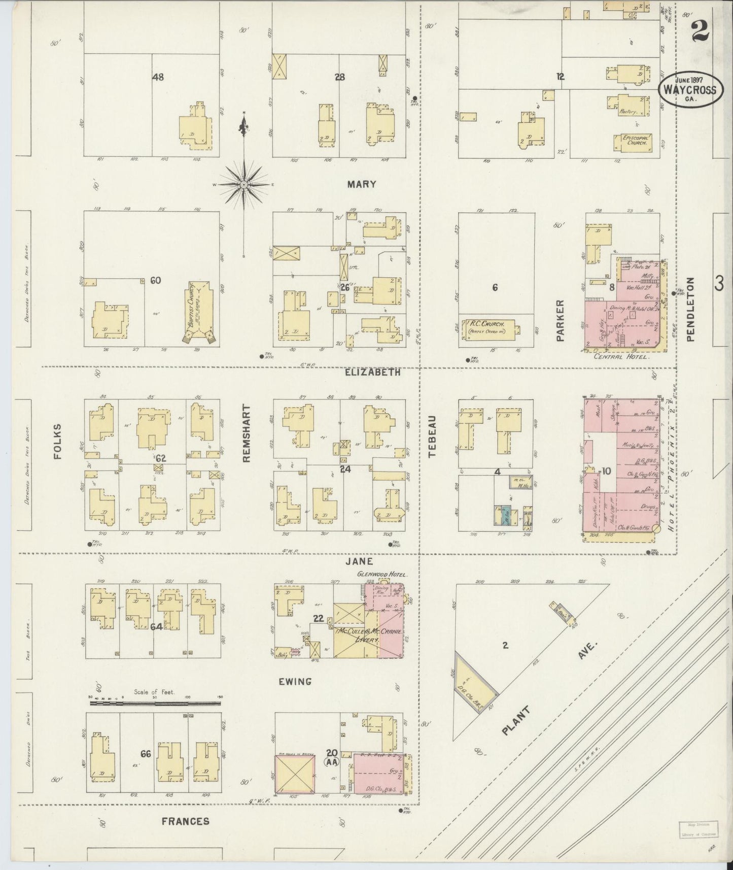 Sanborn Fire Insurance Map from Waycross, Ware County, Georgia (1897), Sheet #0002 - Historic Sanborn Fire Insurance Map Print, vintage old map wall art, antique decor, genealogy gift, Georgia Georgia map