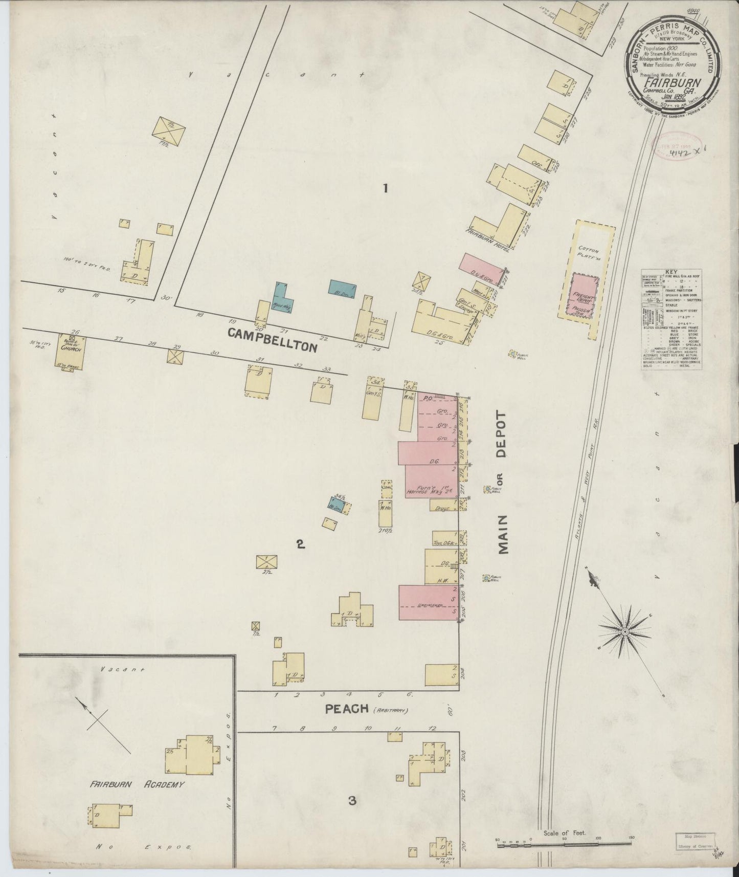 Sanborn Fire Insurance Map from Fairburn, Fulton County, Georgia (1892), Sheet #0001 - Historic Sanborn Fire Insurance Map Print, vintage old map wall art, antique decor, genealogy gift, Georgia Georgia map