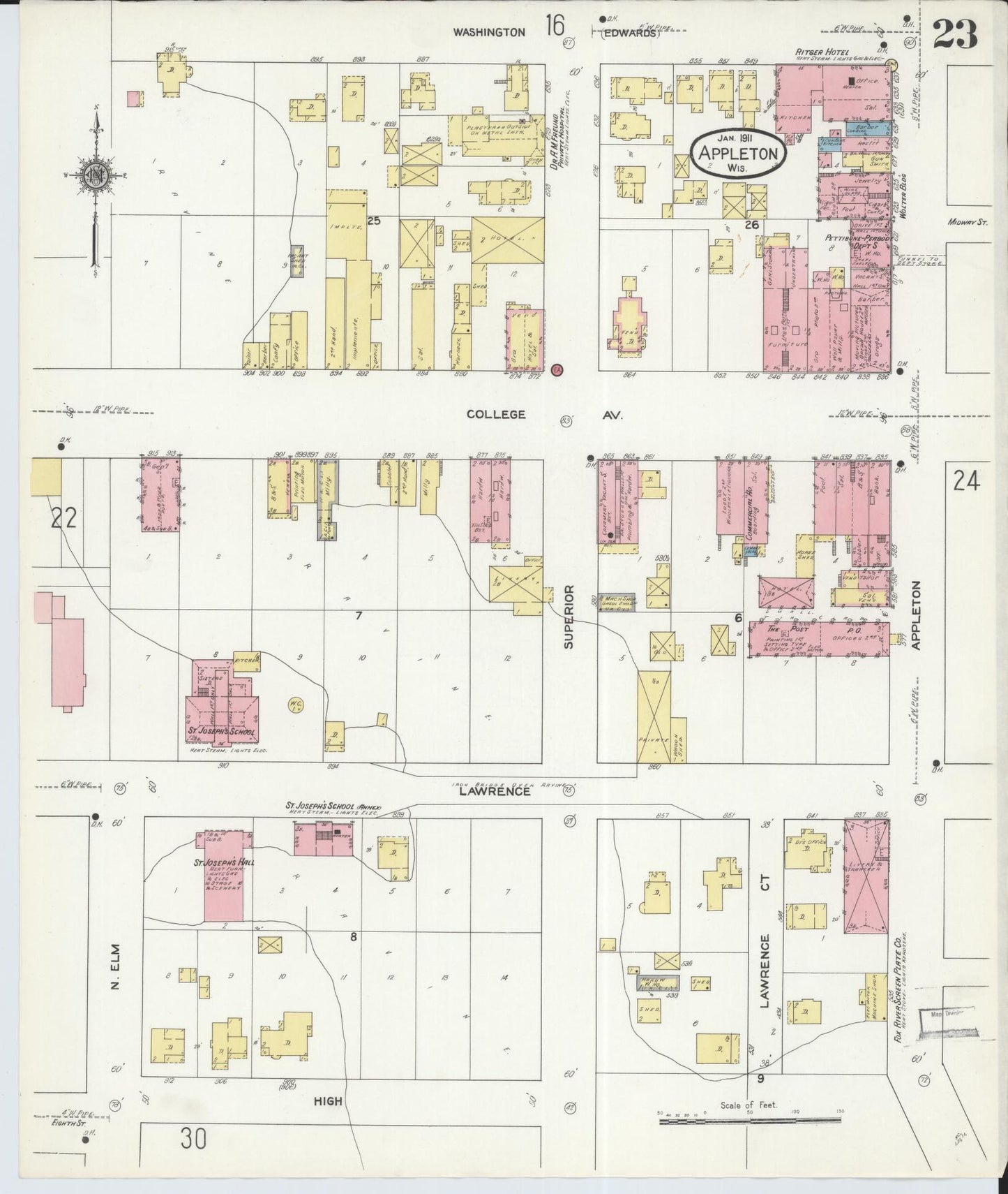 Sanborn Fire Insurance Map from Appleton, Outagamie County, Wisconsin (1911), Sheet #0023 - Historic Sanborn Fire Insurance Map Print, vintage old map wall art, antique decor, genealogy gift, Wisconsin Wisconsin map