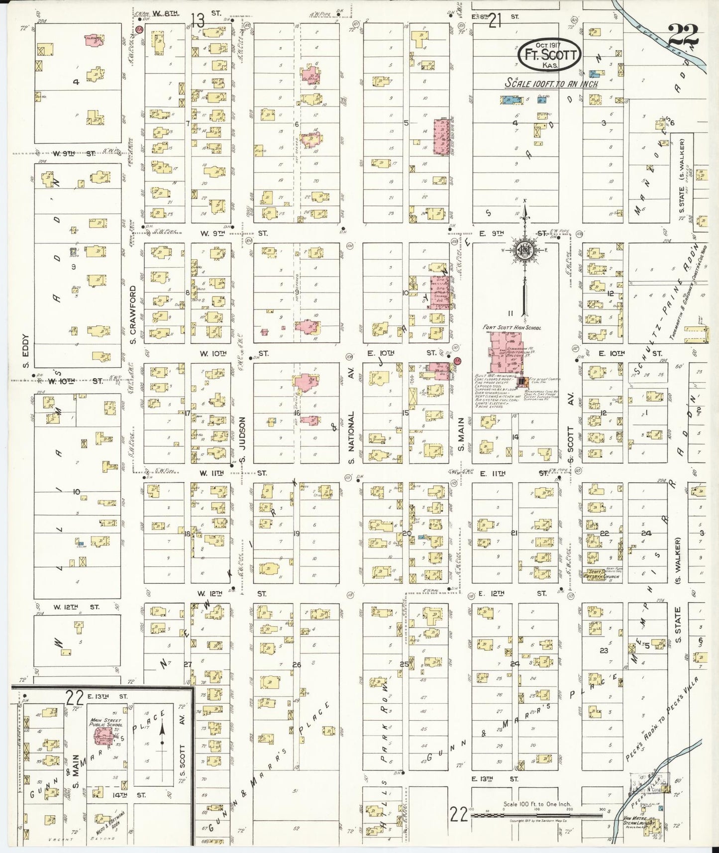 Sanborn Fire Insurance Map from Fort Scott, Bourbon County, Kansas (1917), Sheet #0022 - Historic Sanborn Fire Insurance Map Print, vintage old map wall art, antique decor, genealogy gift, Kansas Kansas map