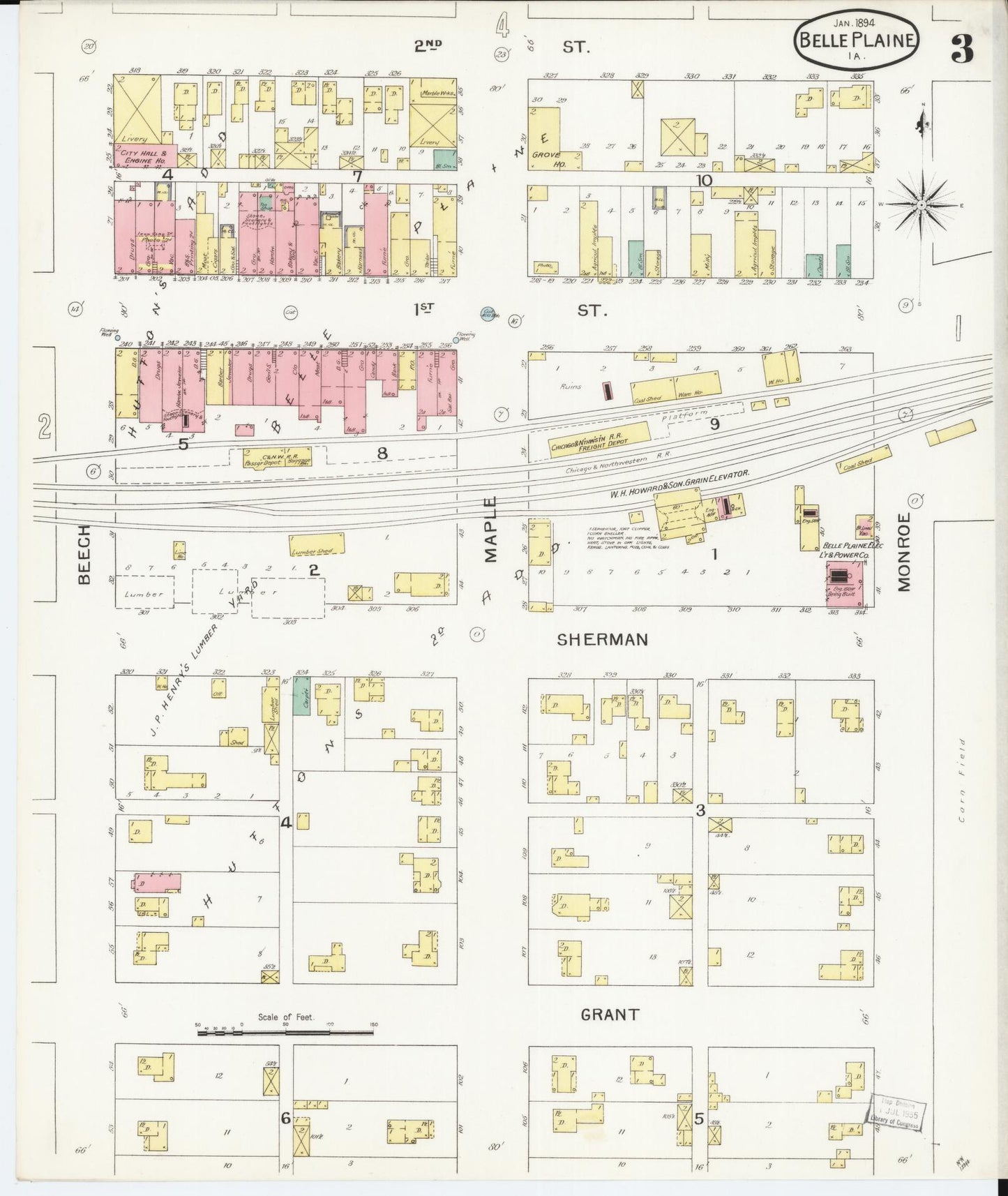 Sanborn Fire Insurance Map from Belle Plaine, Benton County, Iowa (1894), Sheet #0003 - Historic Sanborn Fire Insurance Map Print, vintage old map wall art