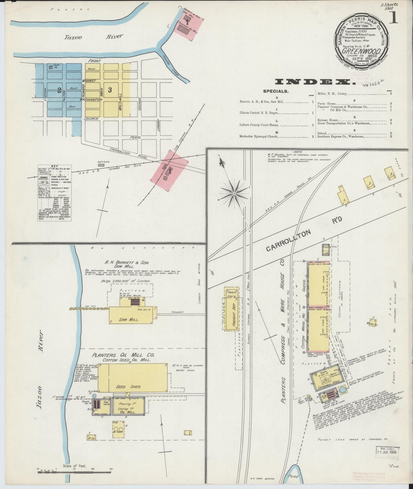 Sanborn Fire Insurance Map from Greenwood, Leflore County, Mississippi (1892), Sheet #0001 - Historic Sanborn Fire Insurance Map Print, vintage old map wall art, antique decor, genealogy gift, Mississippi Mississippi map