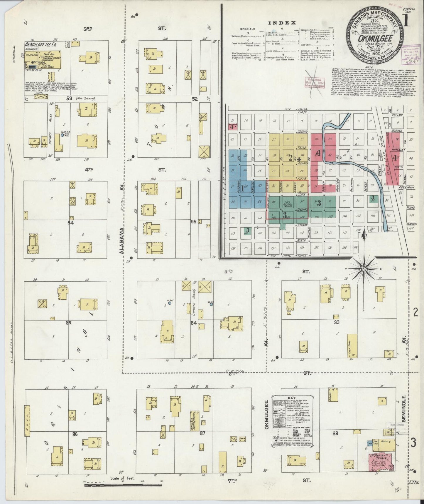 Sanborn Fire Insurance Map from Okmulgee, Okmulgee County, Oklahoma (1907), Sheet #0001 - Historic Sanborn Fire Insurance Map Print, vintage old map wall art, antique decor, genealogy gift, Oklahoma Oklahoma map