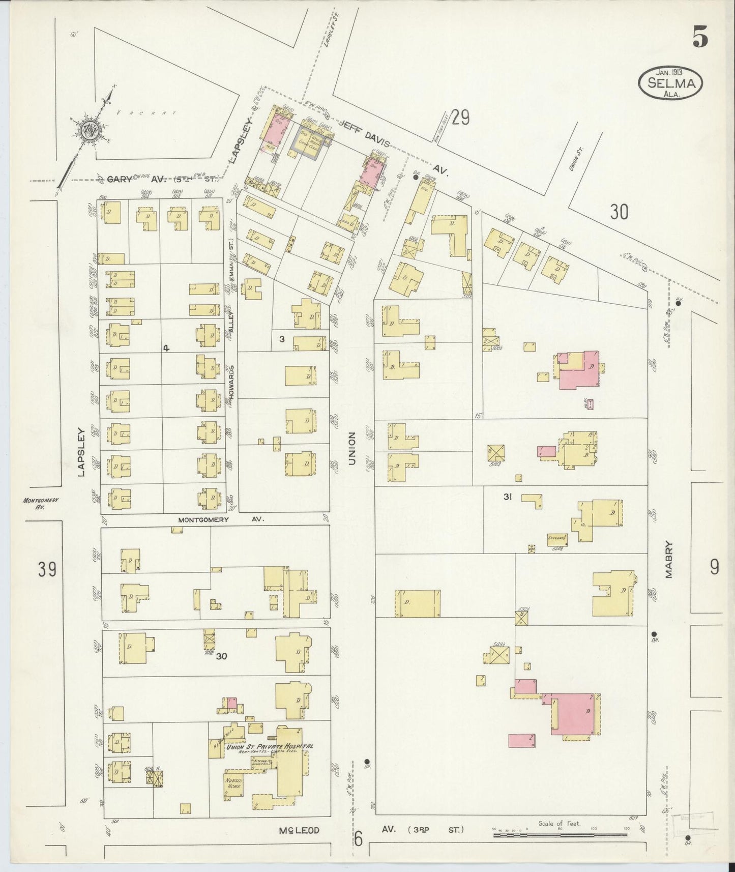 Sanborn Fire Insurance Map from Selma, Dallas County, Alabama (1913), Sheet #0005 - Historic Sanborn Fire Insurance Map Print, vintage old map wall art, antique decor, genealogy gift, Alabama Alabama map