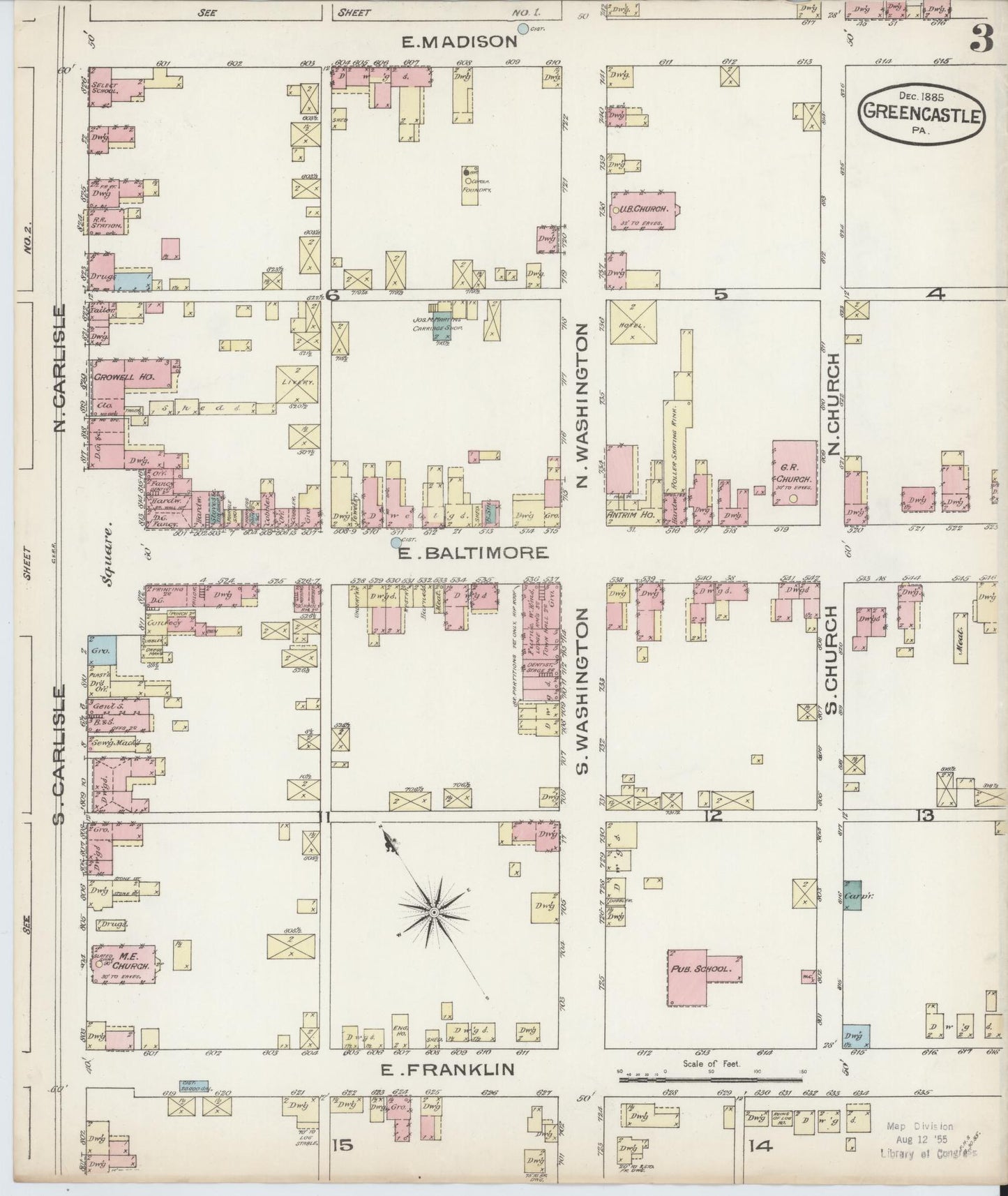 Sanborn Fire Insurance Map from Greencastle, Franklin County, Pennsylvania (1885), Sheet #0003 - Historic Sanborn Fire Insurance Map Print, vintage old map wall art, antique decor, genealogy gift, Pennsylvania Pennsylvania map