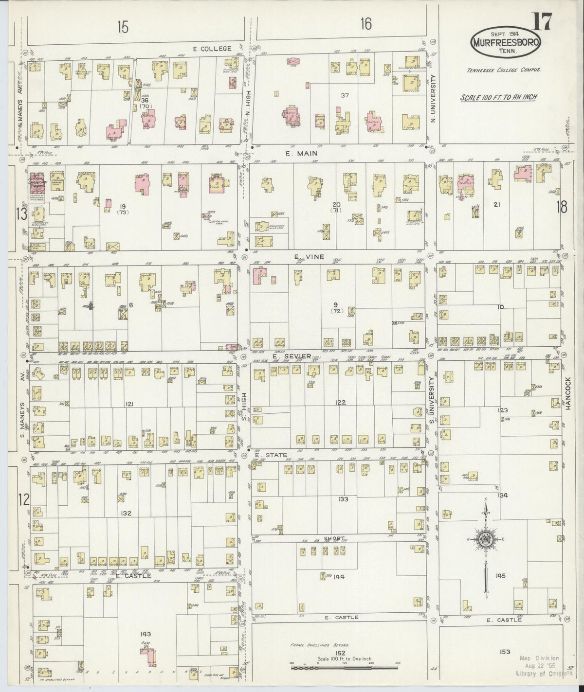 Sanborn Fire Insurance Map from Murfreesboro, Rutherford County, Tennessee (1914), Sheet #0017 - Historic Sanborn Fire Insurance Map Print, vintage old map wall art, antique decor, genealogy gift, Tennessee Tennessee map
