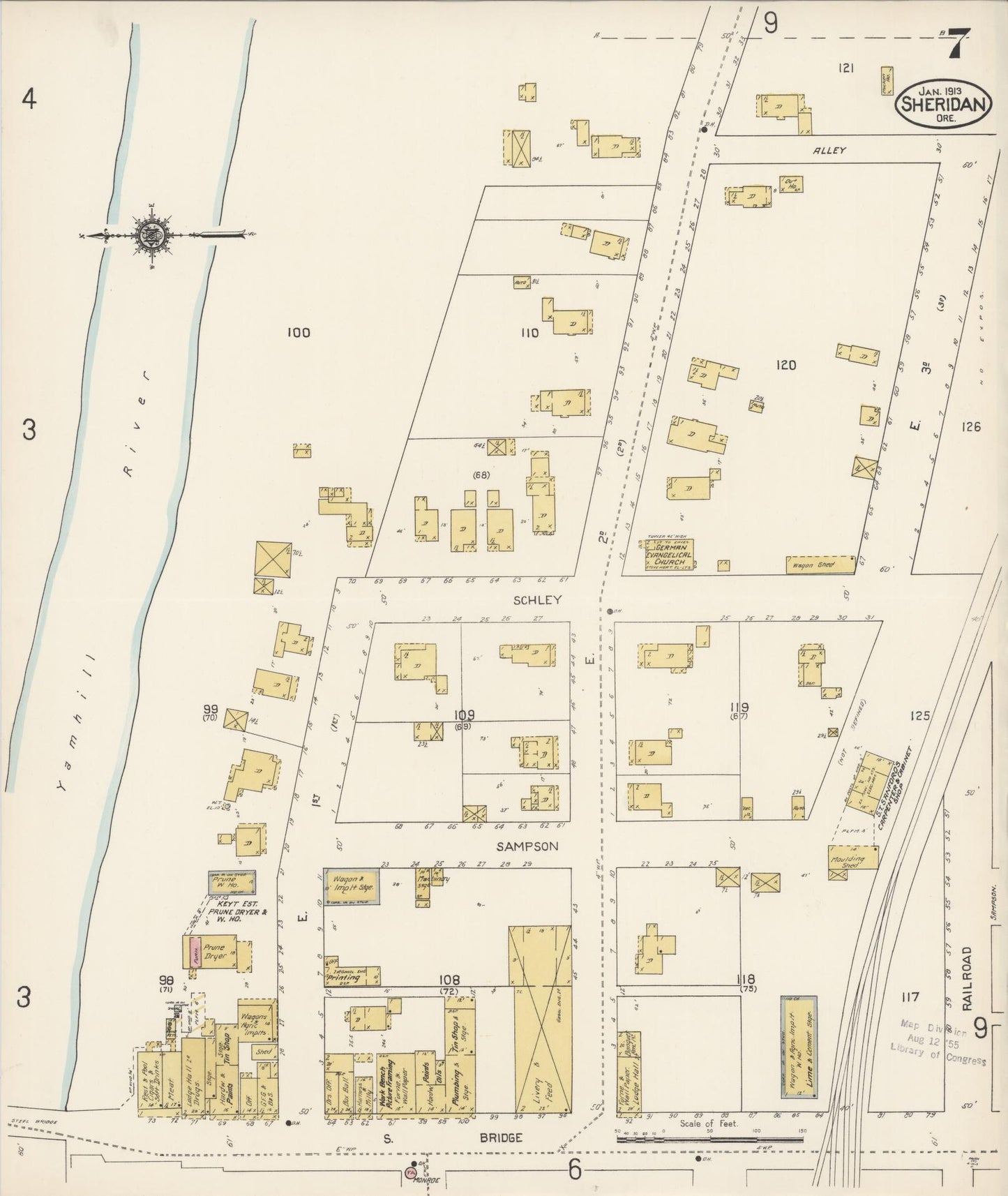 Sanborn Fire Insurance Map from Sheridan, Yamhill County, Oregon (1913), Sheet #0007 - Historic Sanborn Fire Insurance Map Print, vintage old map wall art, antique decor, genealogy gift, Oregon Oregon map