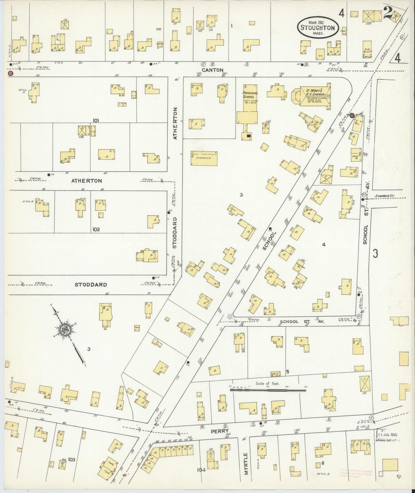 Sanborn Fire Insurance Map from Stoughton, Norfolk County, Massachusetts (1912), Sheet #0002 - Historic Sanborn Fire Insurance Map Print, vintage old map wall art, antique decor, genealogy gift, Massachusetts Massachusetts map
