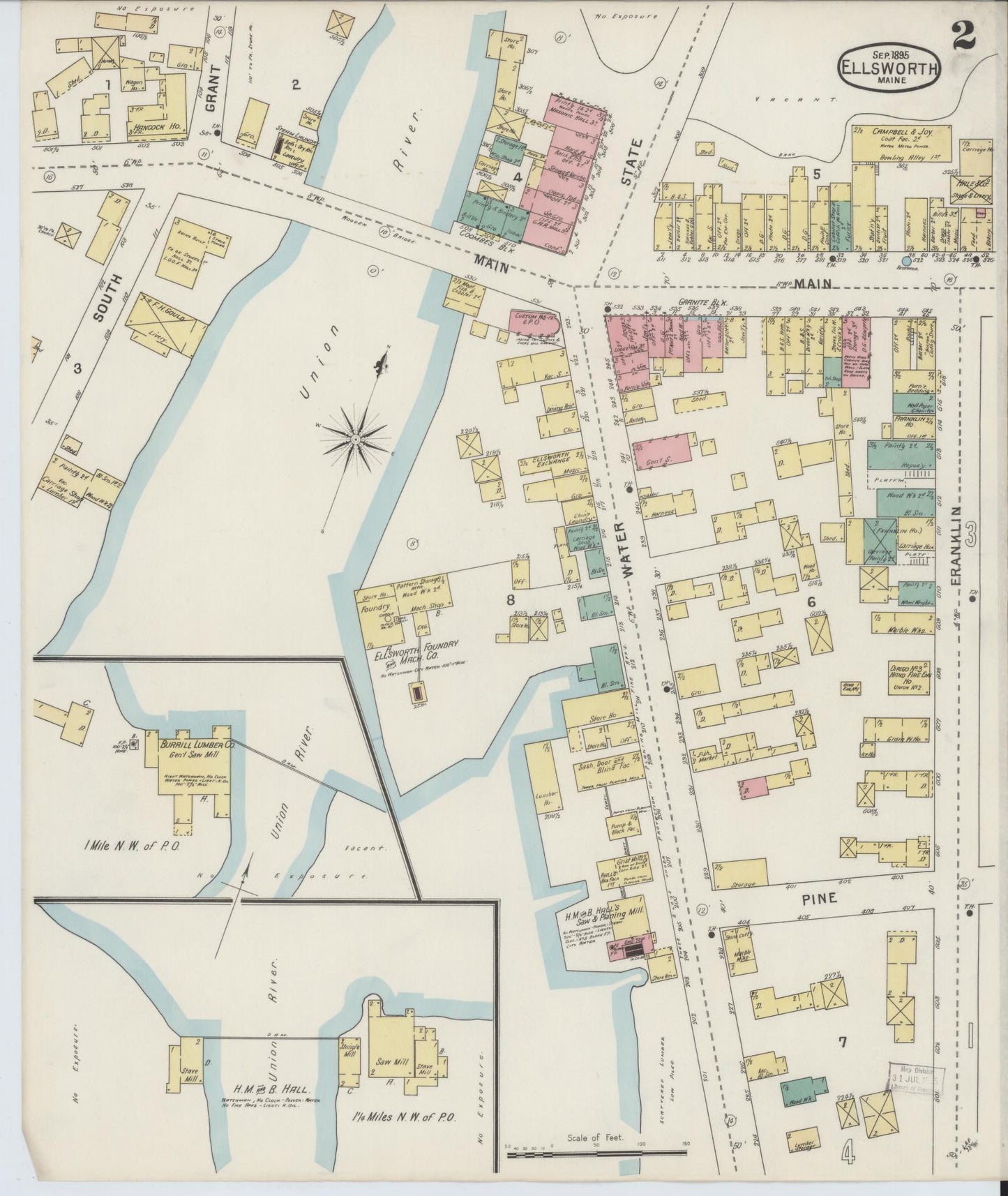 Sanborn Fire Insurance Map from Ellsworth, Hancock County, Maine (1895), Sheet #0002 - Historic Sanborn Fire Insurance Map Print, vintage old map wall art, antique decor, genealogy gift, Maine Maine map