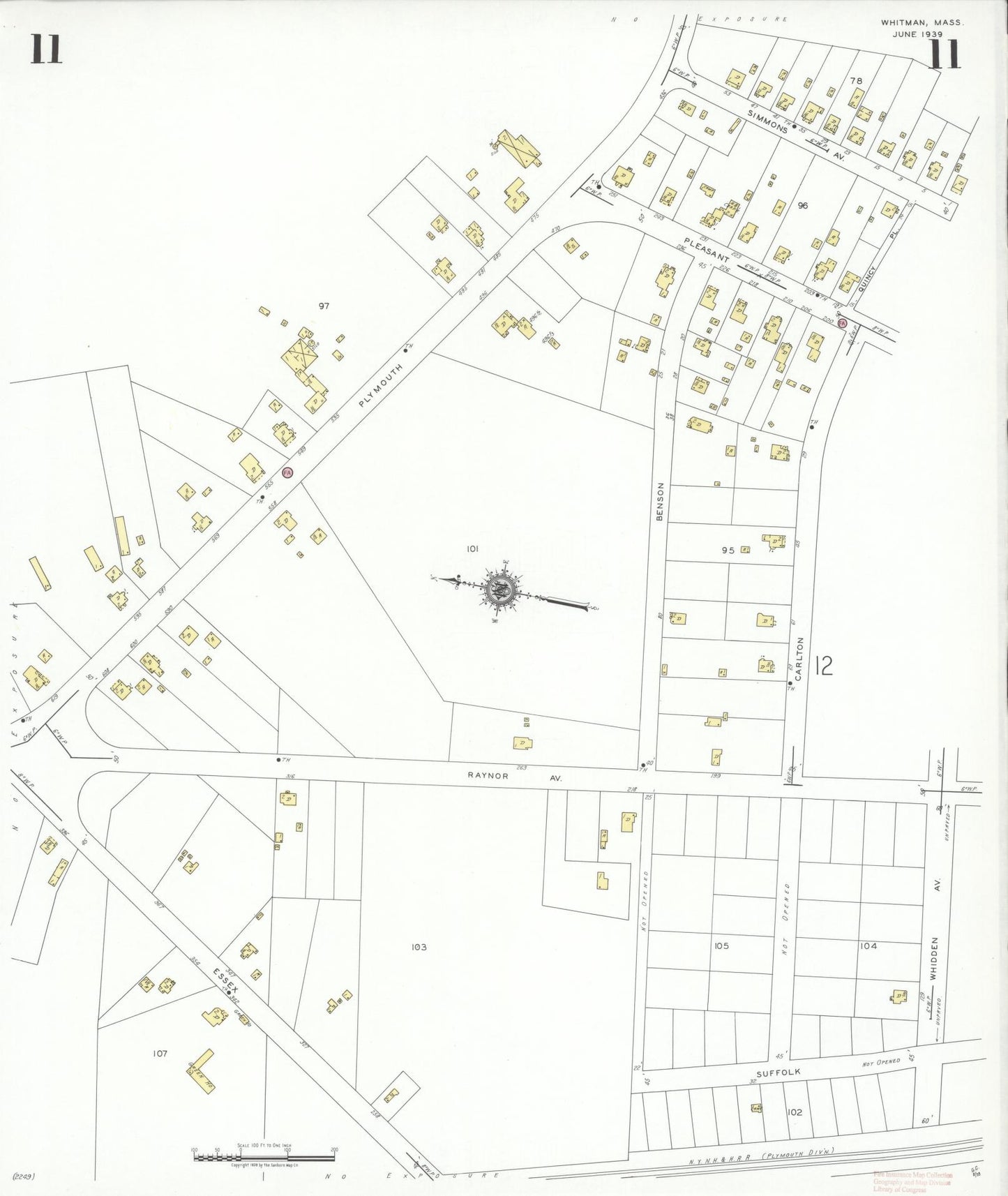 Sanborn Fire Insurance Map from Whitman, Plymouth County, Massachusetts (1939), Sheet #0011 - Historic Sanborn Fire Insurance Map Print, vintage old map wall art, antique decor, genealogy gift, Massachusetts Massachusetts map