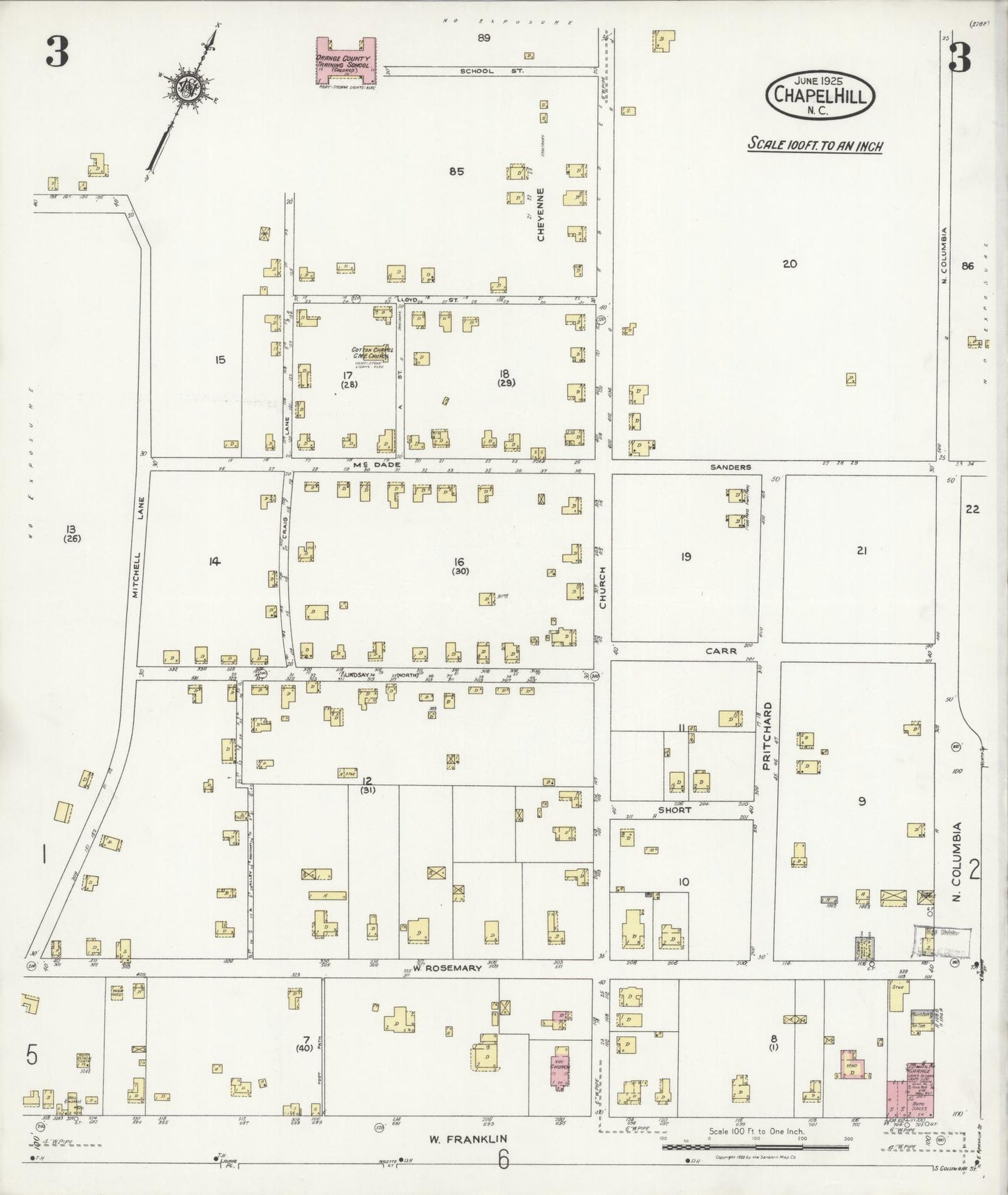 Sanborn Fire Insurance Map from Chapel Hill, Orange County, North Carolina (1925), Sheet #0003 - Historic Sanborn Fire Insurance Map Print, vintage old map wall art, antique decor, genealogy gift, North Carolina North Carolina map