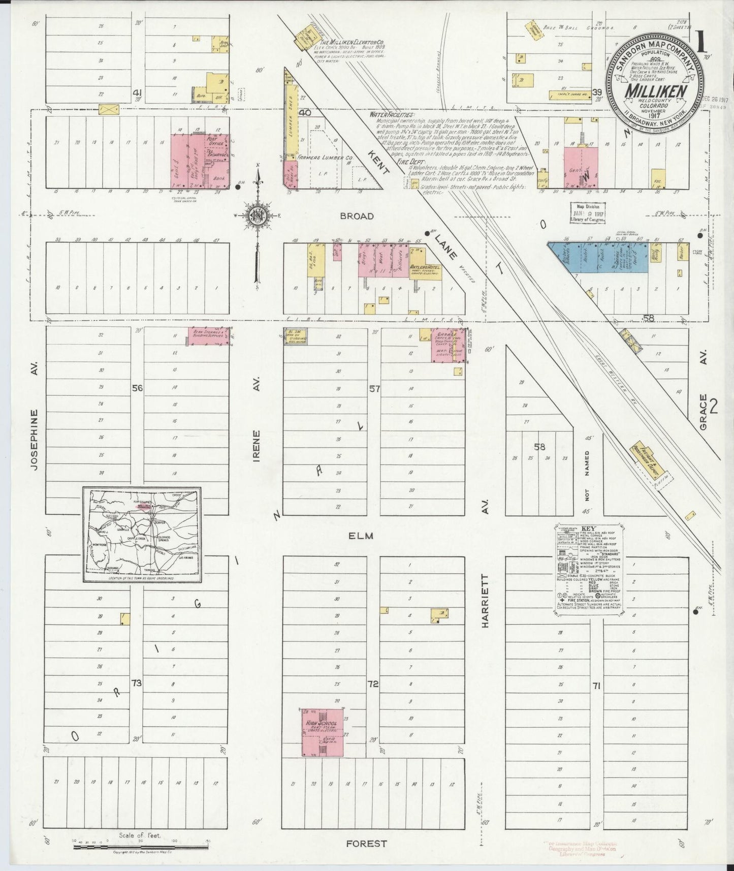 Sanborn Fire Insurance Map from Milliken, Weld County, Colorado (1917), Sheet #0001 - Historic Sanborn Fire Insurance Map Print, vintage old map wall art, antique decor, genealogy gift, Colorado Colorado map