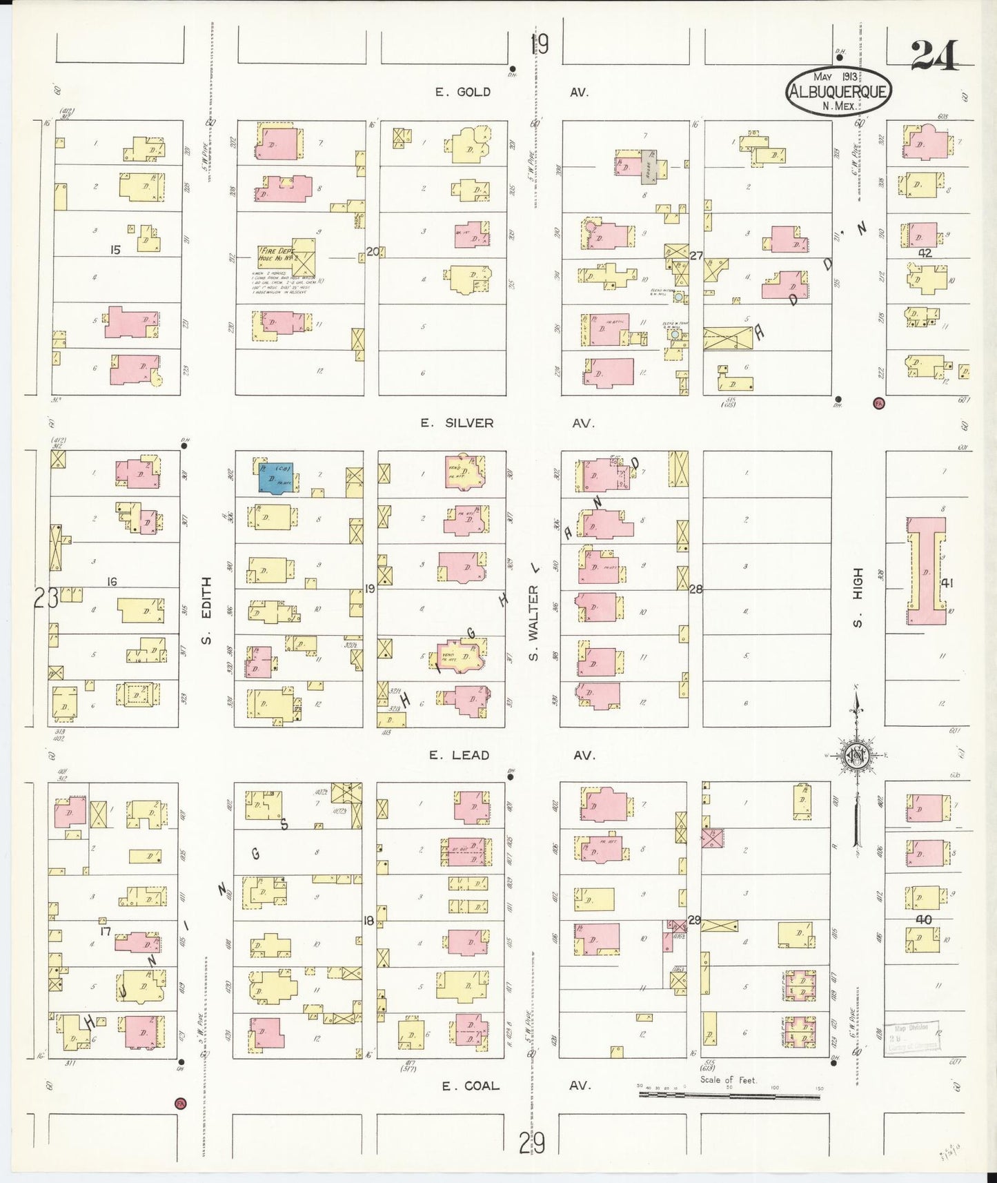 Sanborn Fire Insurance Map from Albuquerque, Bernalillo County, New Mexico (1913), Sheet #0024 - Historic Sanborn Fire Insurance Map Print, vintage old map wall art, antique decor, genealogy gift, New Mexico New Mexico map