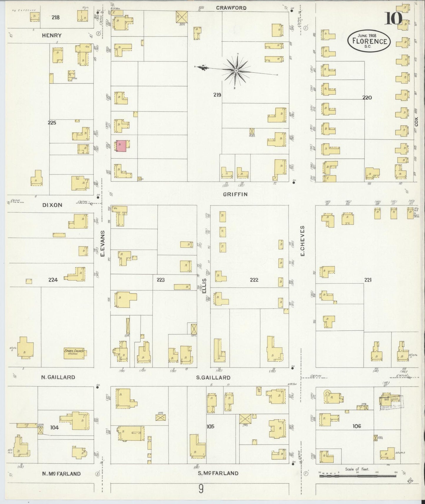Sanborn Fire Insurance Map from Florence, Florence County, South Carolina (1908), Sheet #0010 - Historic Sanborn Fire Insurance Map Print, vintage old map wall art, antique decor, genealogy gift, South Carolina South Carolina map