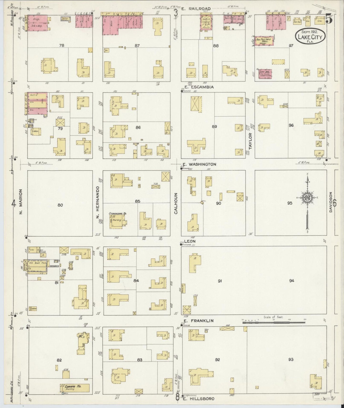 Sanborn Fire Insurance Map from Lake City, Columbia County, Florida (1912), Sheet #0005 - Historic Sanborn Fire Insurance Map Print, vintage old map wall art, antique decor, genealogy gift, Florida Florida map
