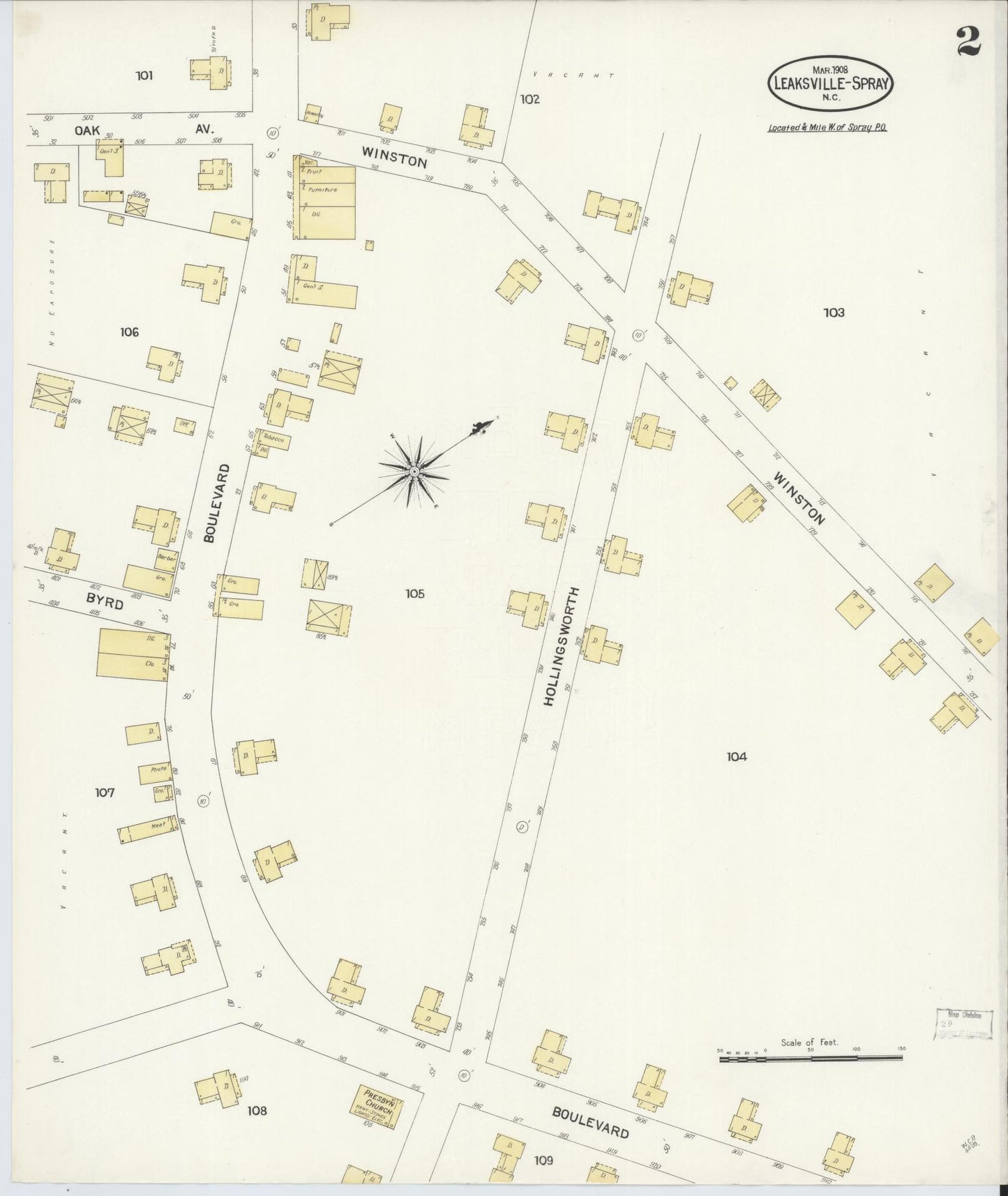 Sanborn Fire Insurance Map from Leaksville-spray, Rockingham County, North Carolina (1908), Sheet #0002 - Historic Sanborn Fire Insurance Map Print, vintage old map wall art, antique decor, genealogy gift, North Carolina North Carolina map