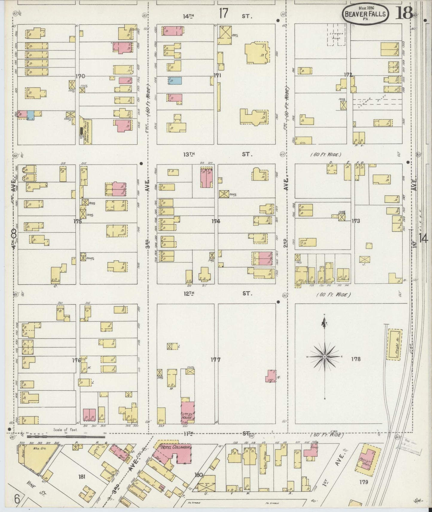 Sanborn Fire Insurance Map from Beaver Falls, Beaver County, Pennsylvania (1896), Sheet #0018 - Historic Sanborn Fire Insurance Map Print, vintage old map wall art, antique decor, genealogy gift, Pennsylvania Pennsylvania map
