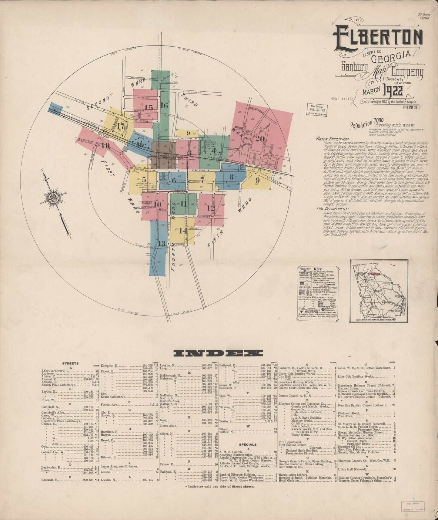 Sanborn Fire Insurance Map from Elberton, Elbert County, Georgia (1922), Sheet #0001 - Historic Sanborn Fire Insurance Map Print, vintage old map wall art, antique decor, genealogy gift, Georgia Georgia map