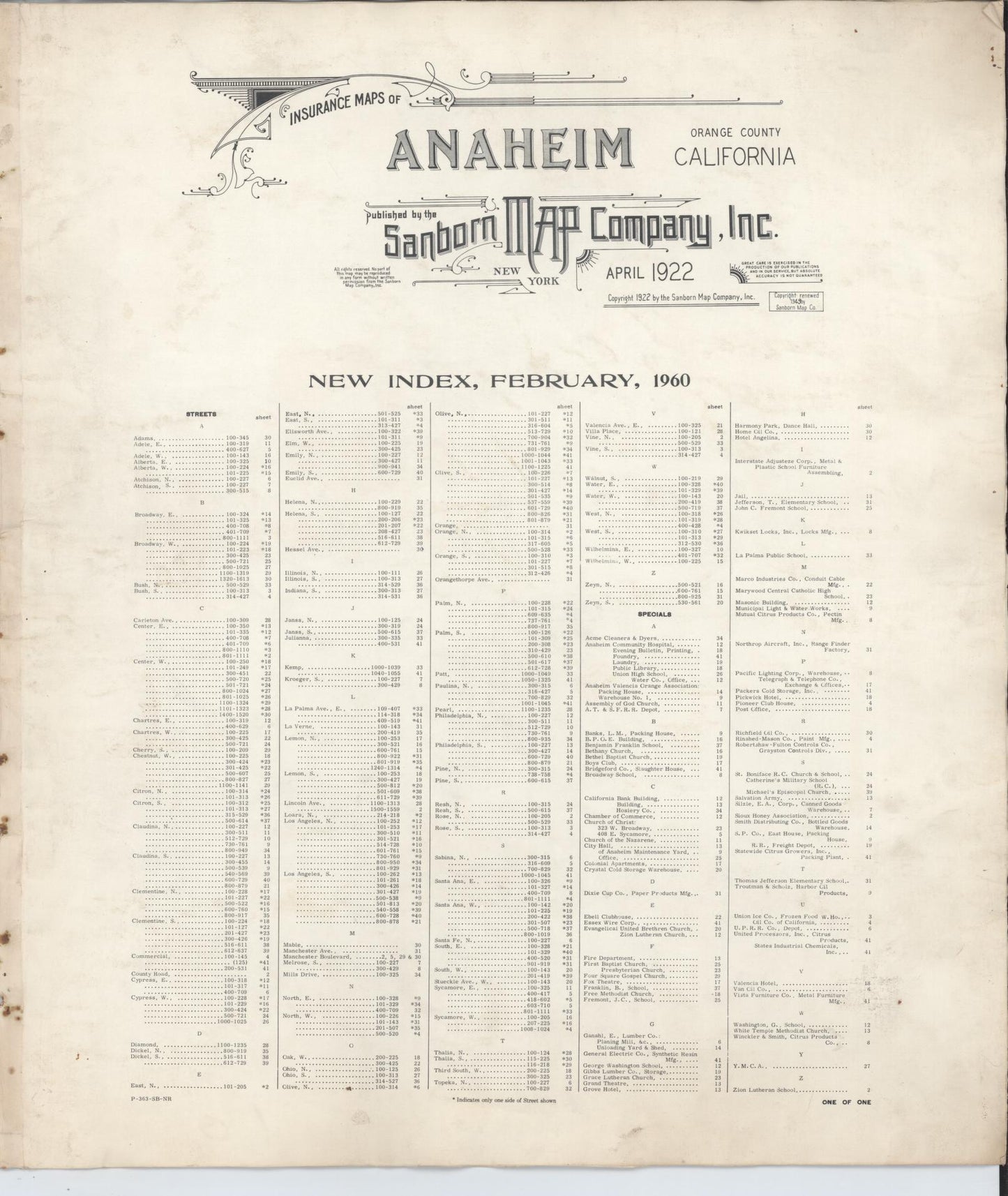 Sanborn Fire Insurance Map from Anaheim, Orange County, California (1963), Sheet #0001 - Historic Sanborn Fire Insurance Map Print, vintage old map wall art, antique decor, genealogy gift, California California map