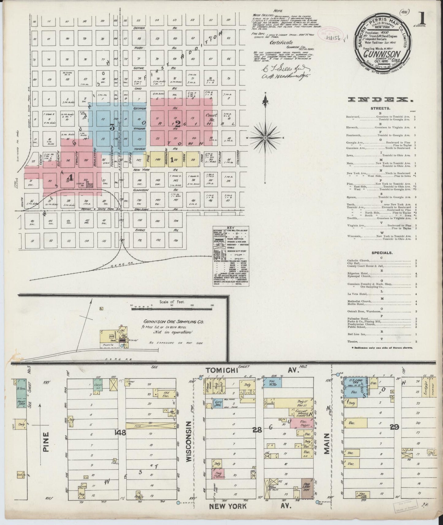 Sanborn Fire Insurance Map from Gunnison, Gunnison County, Colorado (1890), Sheet #0001 - Historic Sanborn Fire Insurance Map Print, vintage old map wall art, antique decor, genealogy gift, Colorado Colorado map