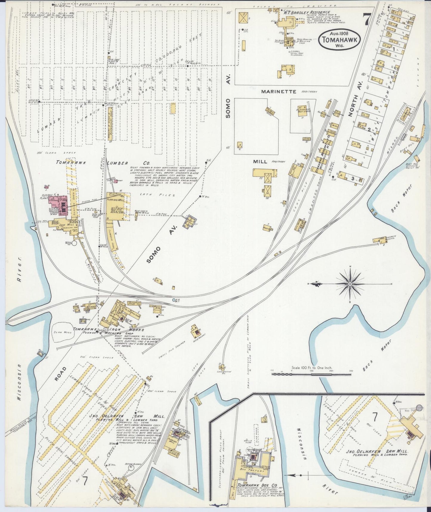 Sanborn Fire Insurance Map from Tomahawk, Lincoln County, Wisconsin (1908), Sheet #0007 - Historic Sanborn Fire Insurance Map Print, vintage old map wall art, antique decor, genealogy gift, Wisconsin Wisconsin map
