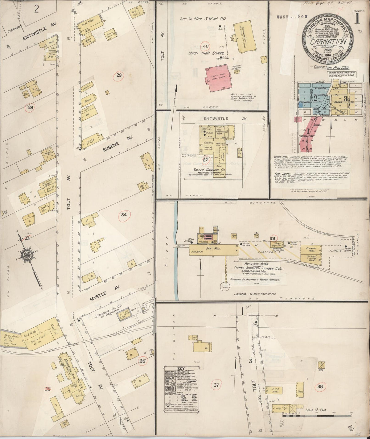 Sanborn Fire Insurance Map from Carnation, King County, Washington (1930), Sheet #0001 - Historic Sanborn Fire Insurance Map Print, vintage old map wall art, antique decor, genealogy gift, Washington Washington map