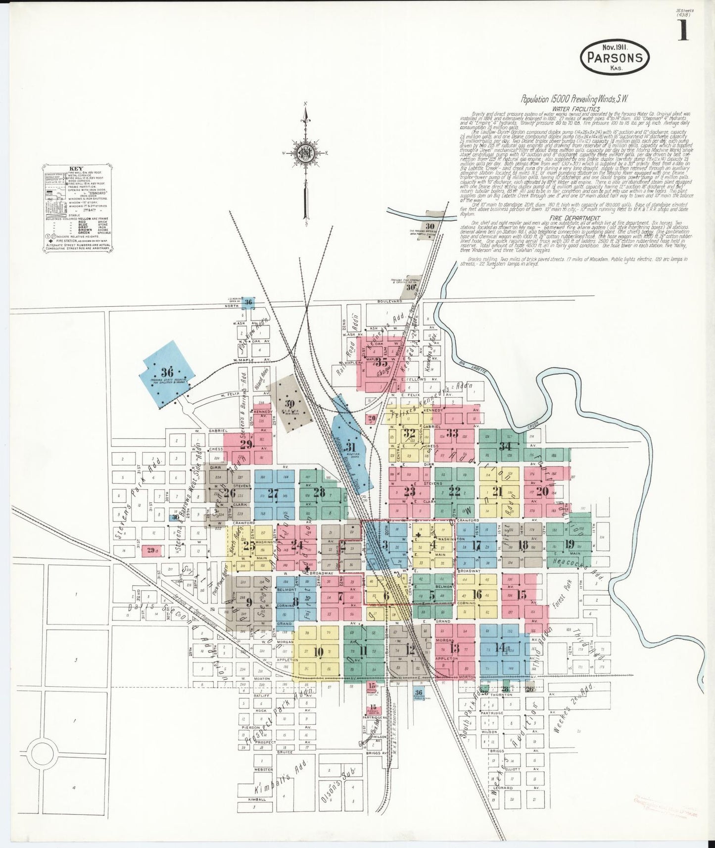 Sanborn Fire Insurance Map from Parsons, Labette County, Kansas (1911), Sheet #0001 - Historic Sanborn Fire Insurance Map Print, vintage old map wall art, antique decor, genealogy gift, Kansas Kansas map