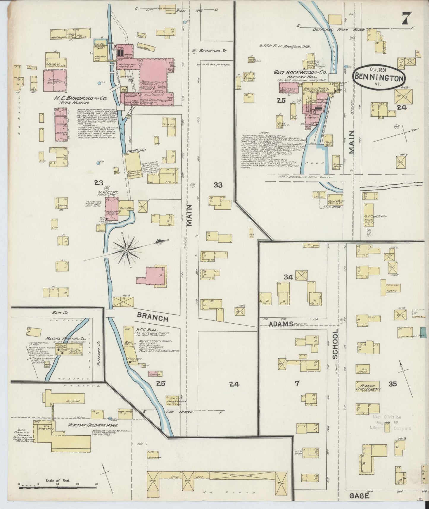 Sanborn Fire Insurance Map from Bennington, Bennington County, Vermont (1891), Sheet #0007 - Complete Map Set gallery image, historic Sanborn map, vintage wall art, Vermont Vermont