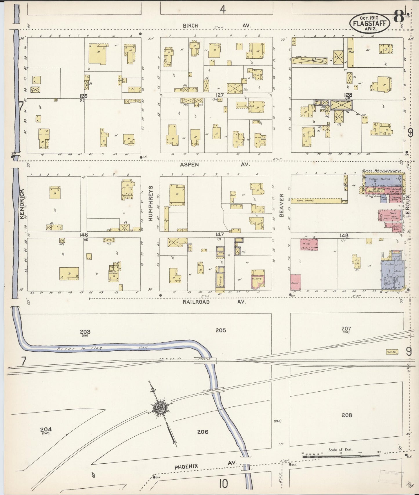 Sanborn Fire Insurance Map from Flagstaff, Coconino County, Arizona (1910), Sheet #0008 - Historic Sanborn Fire Insurance Map Print, vintage old map wall art, antique decor, genealogy gift, Arizona Arizona map
