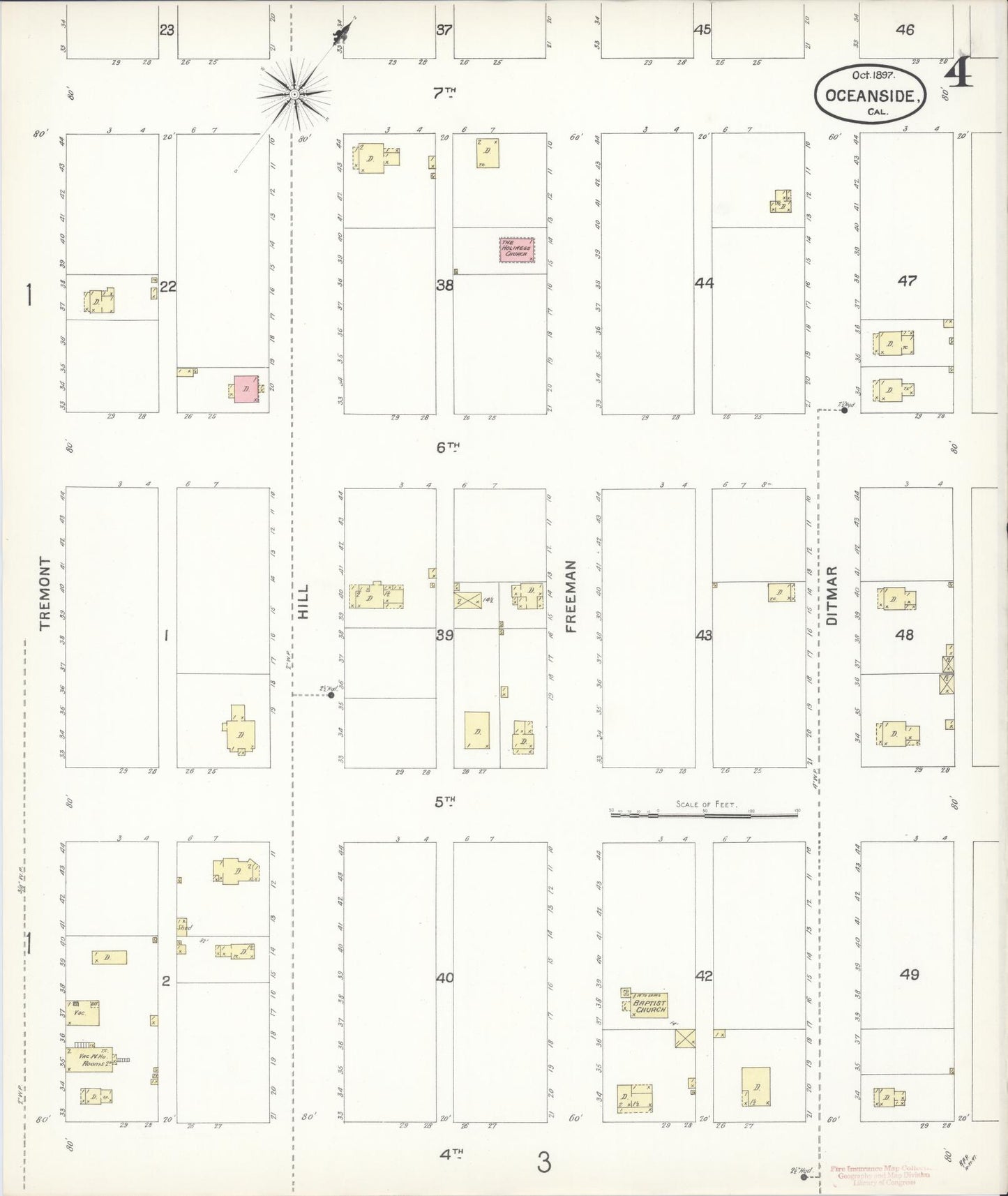 Sanborn Fire Insurance Map from Oceanside, San Diego County, California (1897), Sheet #0004 - Historic Sanborn Fire Insurance Map Print, vintage old map wall art, antique decor, genealogy gift, California California map