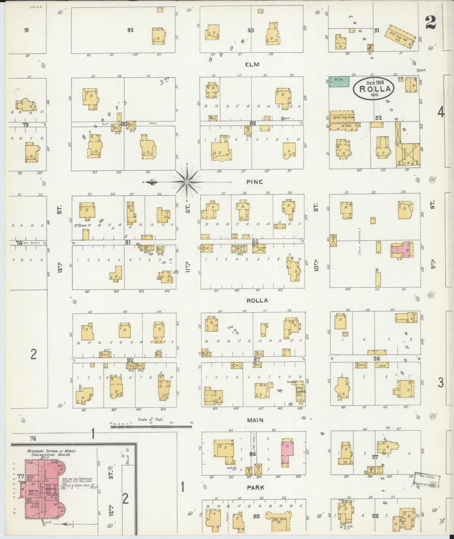 Sanborn Fire Insurance Map from Rolla, Phelps County, Missouri (1905), Sheet #0002 - Historic Sanborn Fire Insurance Map Print, vintage old map wall art, antique decor, genealogy gift, Missouri Missouri map
