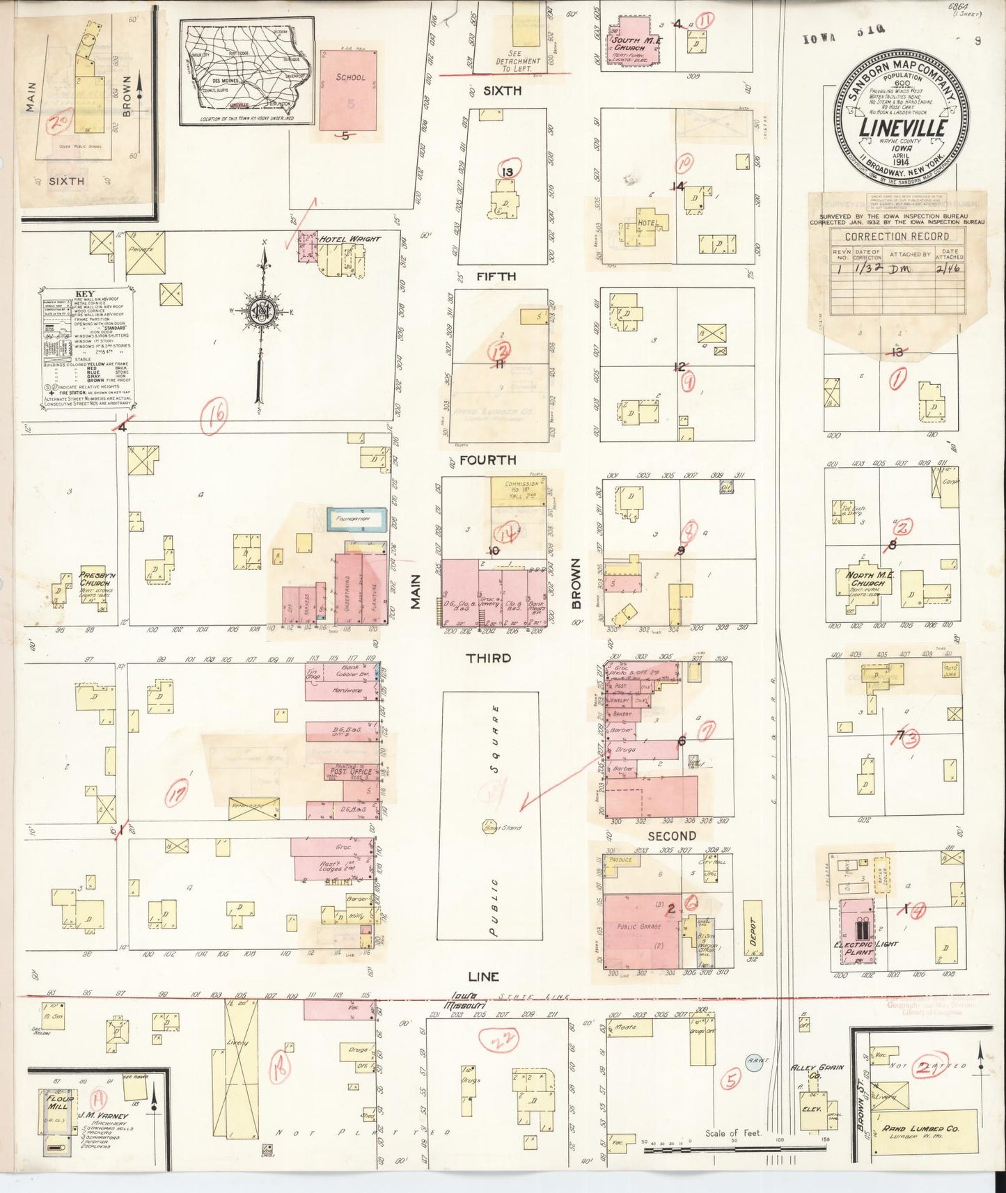 Sanborn Fire Insurance Map from Lineville, Wayne County, Iowa (1932), Sheet #0001 - Historic Sanborn Fire Insurance Map Print, vintage old map wall art