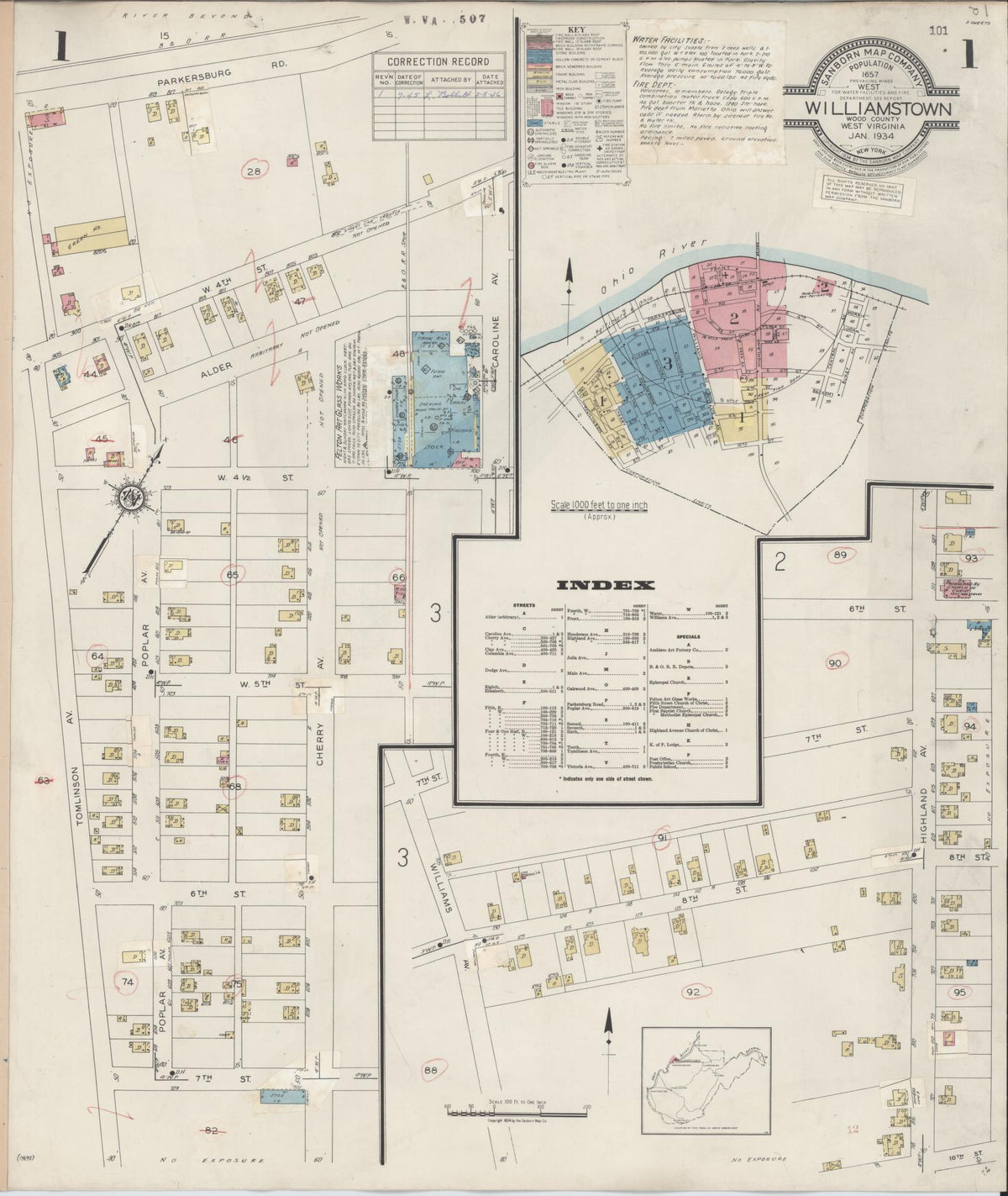 Sanborn Fire Insurance Map from Williamstown, Wood County, West Virginia (1945), Sheet #0001 - Historic Sanborn Fire Insurance Map Print, vintage old map wall art, antique decor, genealogy gift, West Virginia West Virginia map