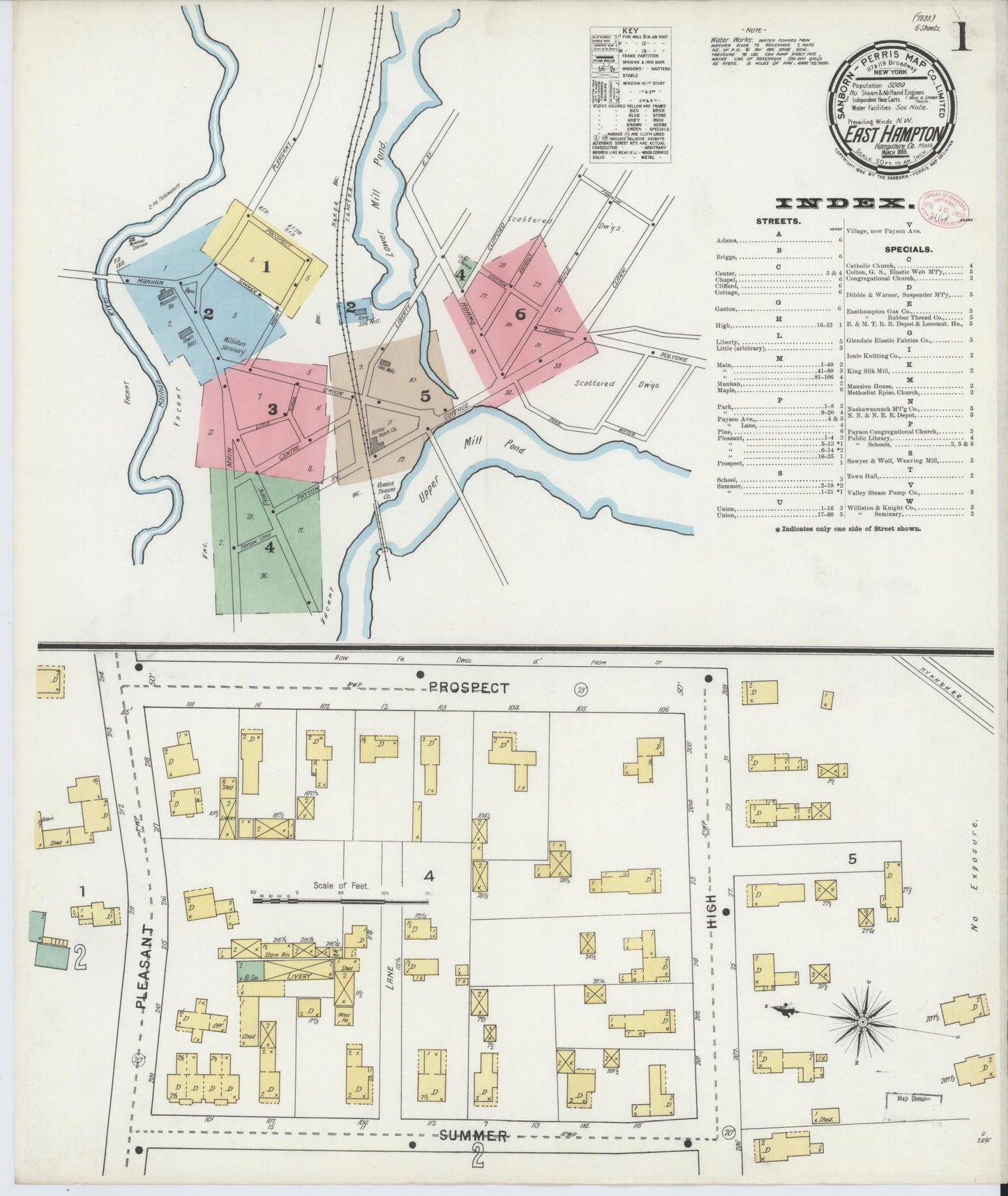 Sanborn Fire Insurance Map from East Hampton, Hampshire County, Massachusetts (1895), Sheet #0001 - Historic Sanborn Fire Insurance Map Print, vintage old map wall art, antique decor, genealogy gift, Massachusetts Massachusetts map