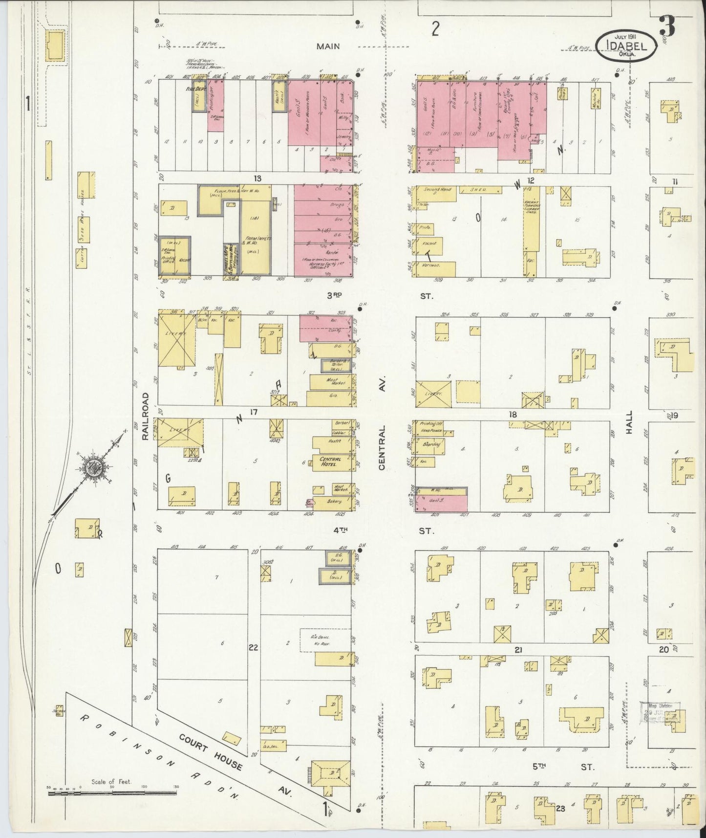 Sanborn Fire Insurance Map from Idabel, McCurtain County, Oklahoma (1911), Sheet #0003 - Complete Map Set gallery image, historic Sanborn map, vintage wall art, Oklahoma Oklahoma
