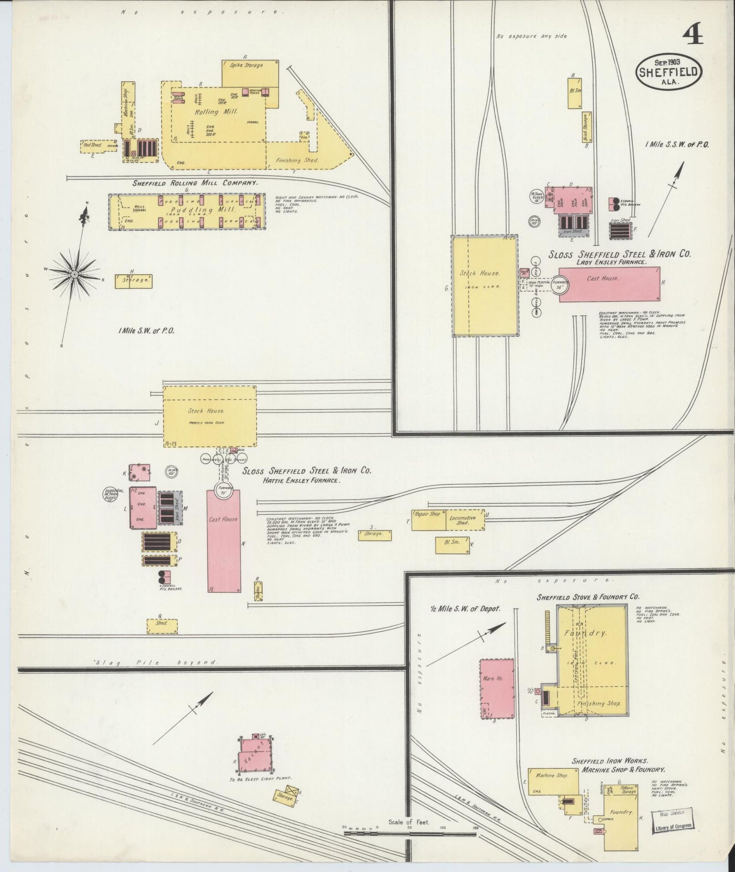 Sanborn Fire Insurance Map from Sheffield, Colbert County, Alabama (1903), Sheet #0004 - Complete Map Set gallery image, historic Sanborn map, vintage wall art, Alabama Alabama