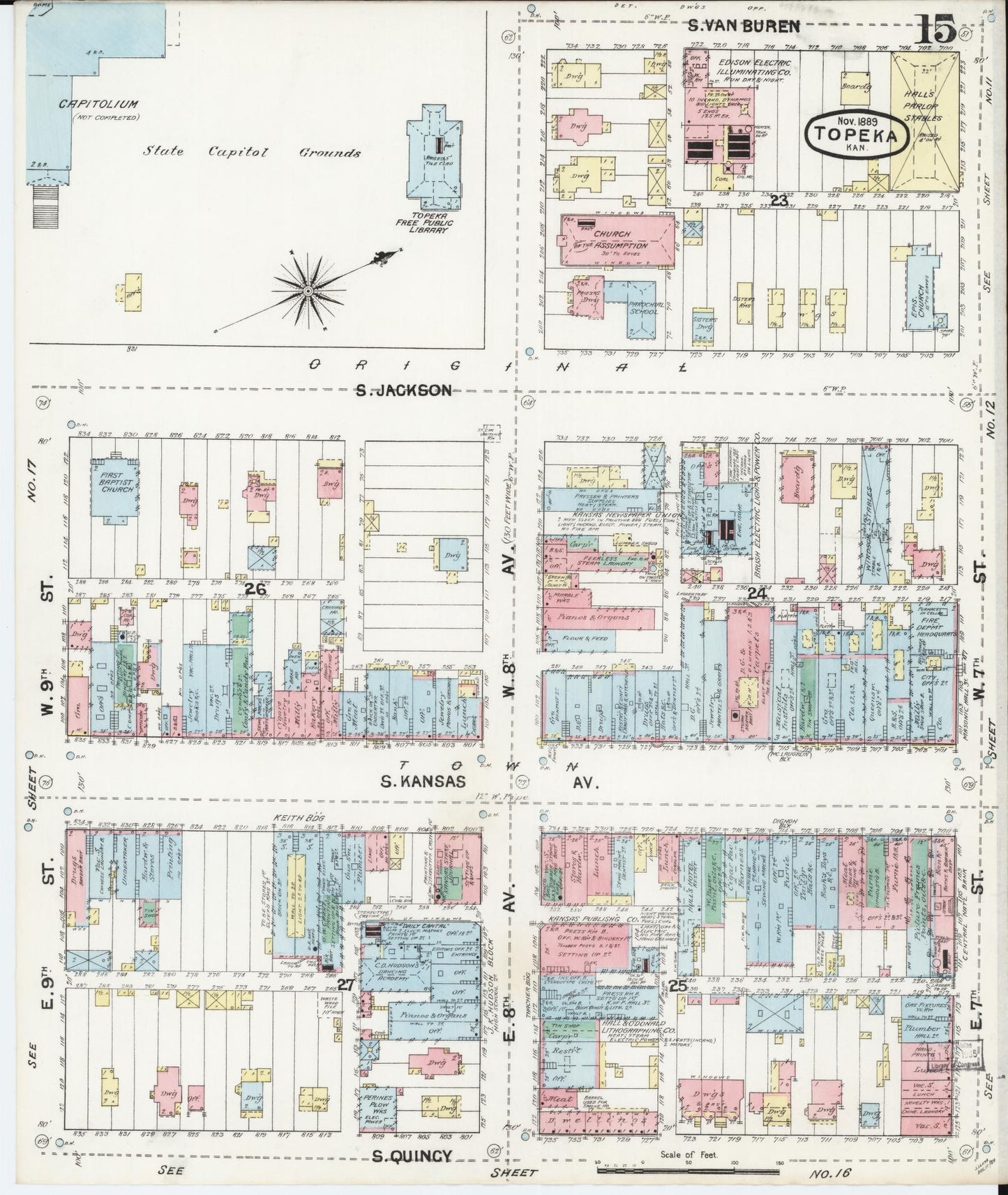 Sanborn Fire Insurance Map from Topeka, Shawnee County, Kansas (1889), Sheet #0016 - Historic Sanborn Fire Insurance Map Print, vintage old map wall art, antique decor, genealogy gift, Kansas Kansas map