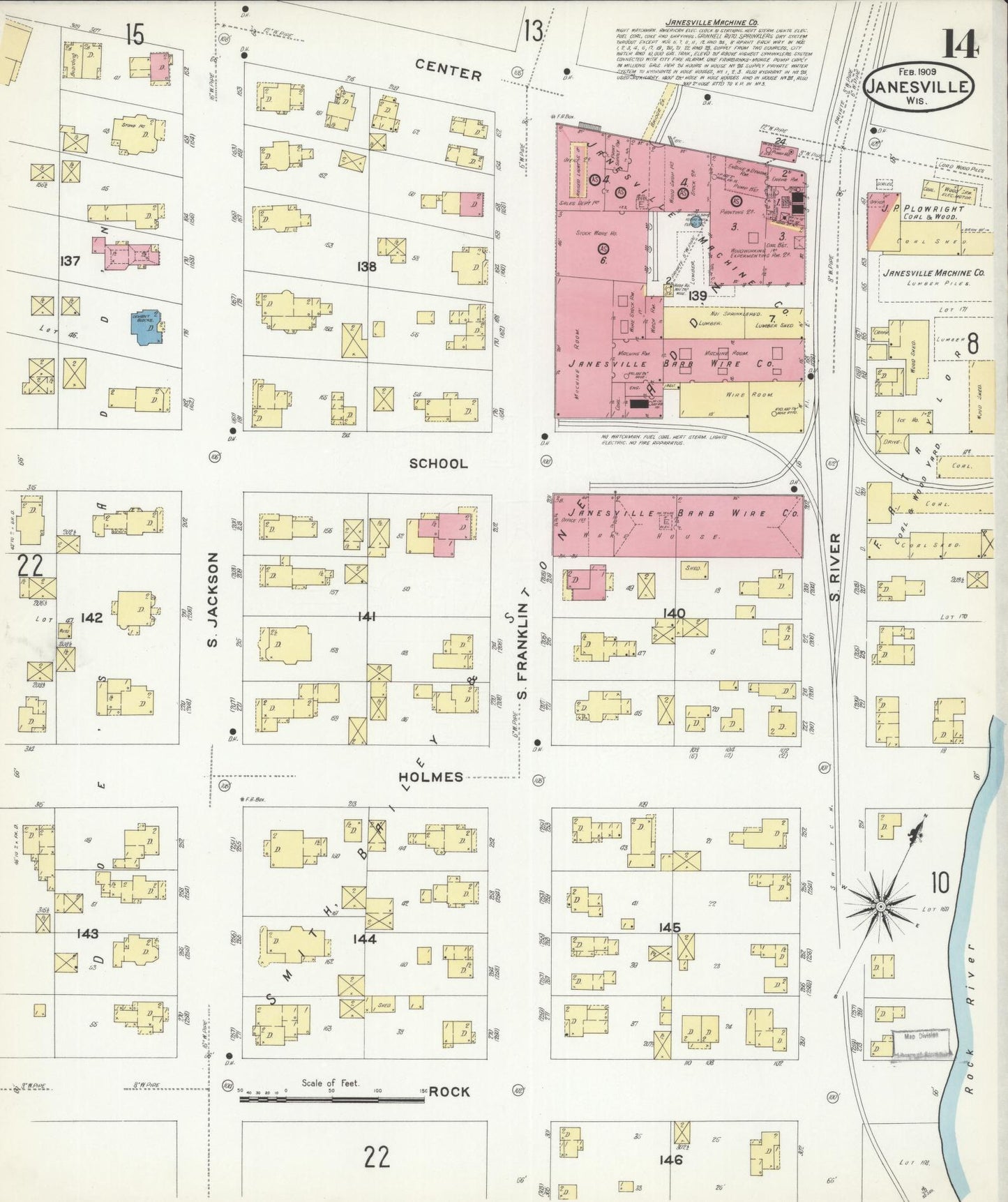 Sanborn Fire Insurance Map from Janesville, Rock County, Wisconsin (1909), Sheet #0014 - Historic Sanborn Fire Insurance Map Print, vintage old map wall art, antique decor, genealogy gift, Wisconsin Wisconsin map