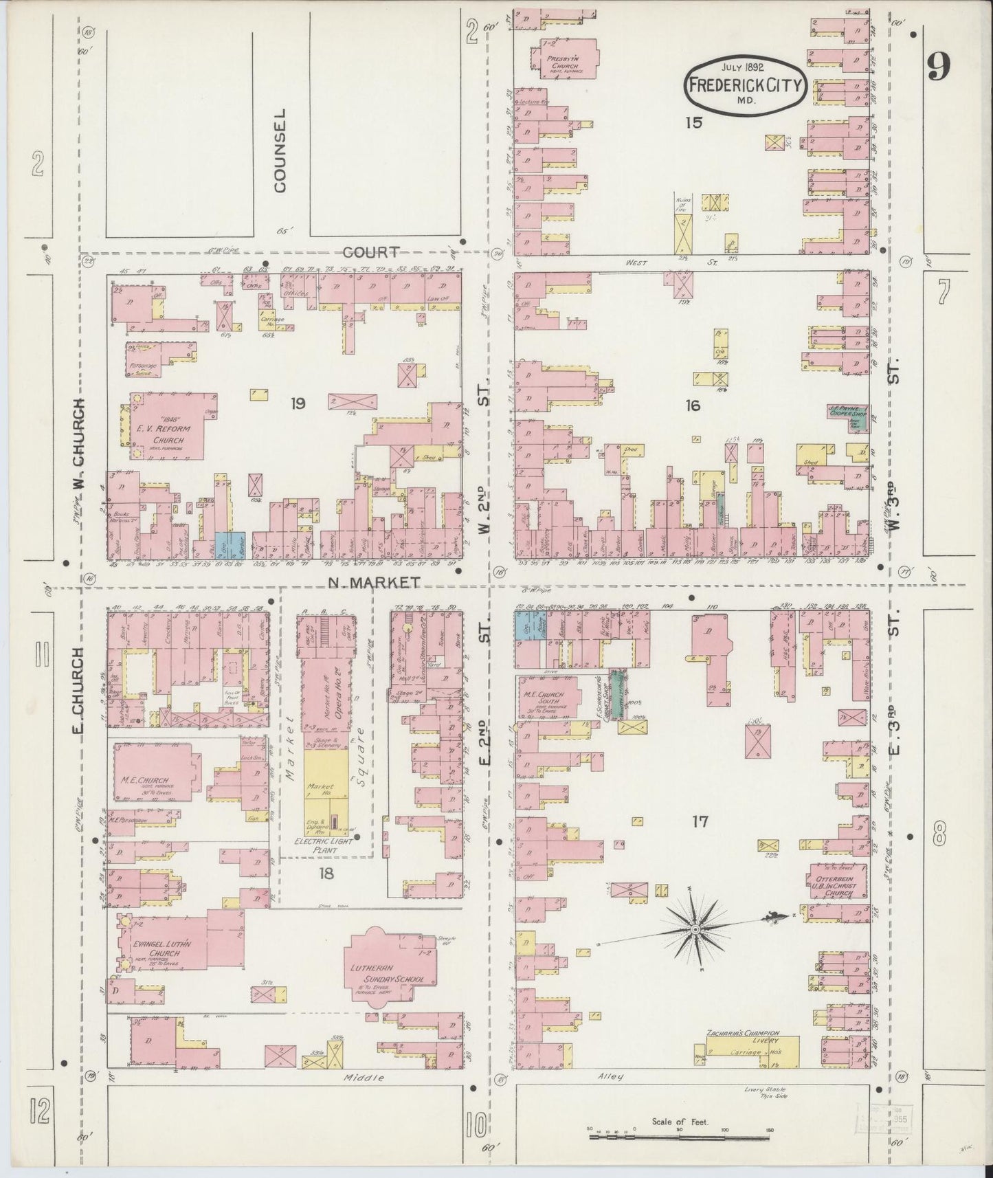Frederick, Maryland - 1892 - Sanborn Fire Insurance Map, Sheet #0009 - Historic Sanborn Fire Insurance Map Print, Frederick Maryland 1892 0009 vintage old map wall art