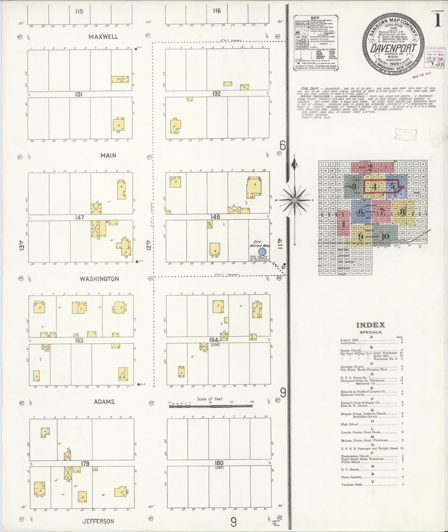 Sanborn Fire Insurance Map from Davenport, Lincoln County, Washington (1909), Sheet #0001 - Historic Sanborn Fire Insurance Map Print, vintage old map wall art, antique decor, genealogy gift, Washington Washington map