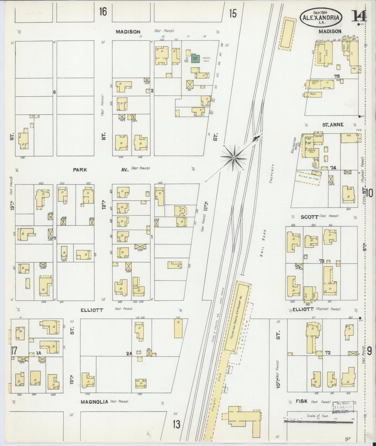 Sanborn Fire Insurance Map from Alexandria, Rapides Parish, Louisiana (1904), Sheet #0014 - Historic Sanborn Fire Insurance Map Print, vintage old map wall art, antique decor, genealogy gift, Louisiana Louisiana map