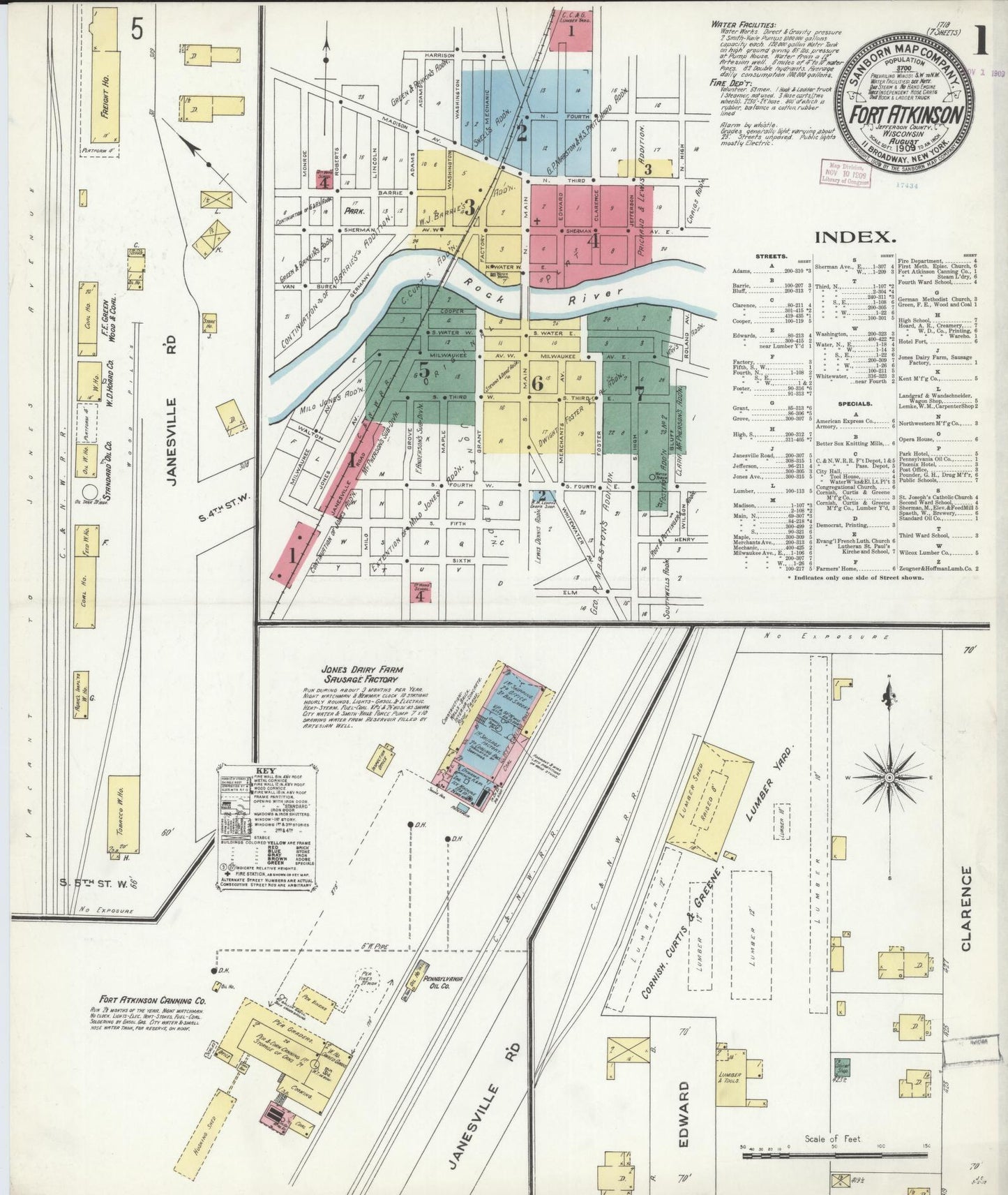 Sanborn Fire Insurance Map from Fort Atkinson, Jefferson County, Wisconsin (1909), Sheet #0001 - Historic Sanborn Fire Insurance Map Print, vintage old map wall art, antique decor, genealogy gift, Wisconsin Wisconsin map